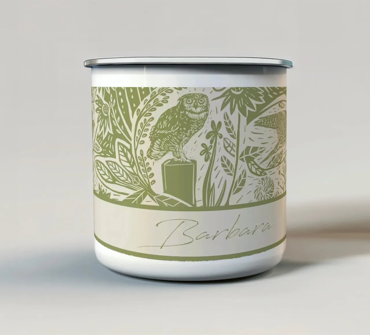 Linogravure Boho personnalisée - Oiseaux - Impression d'art rustique mug en émail de Patruschka’s Patterns