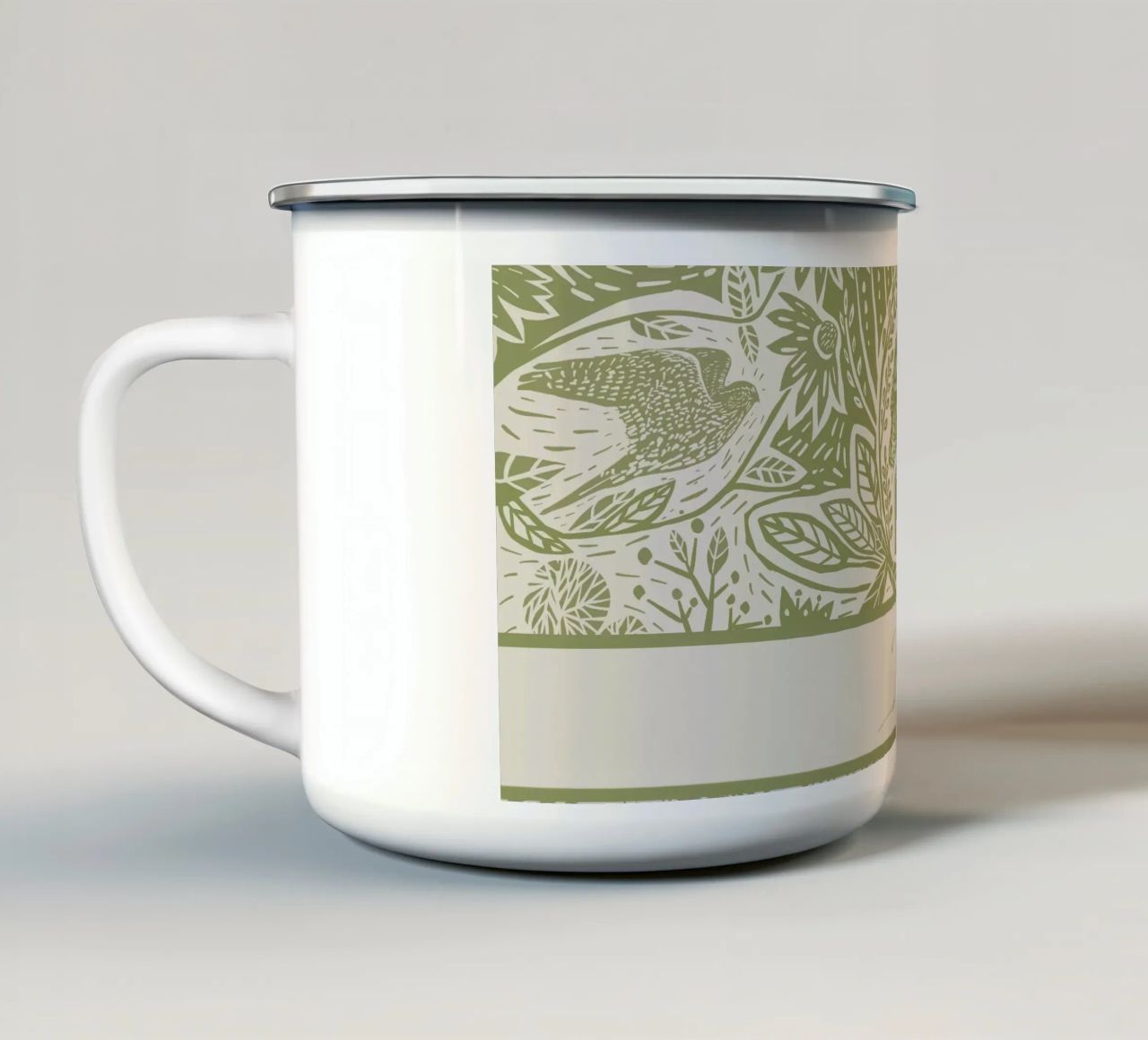 Gepersonaliseerde Boho Linosnede Vogels - Rustieke Kunstdruk emaille mok van Patruschka’s Patterns
