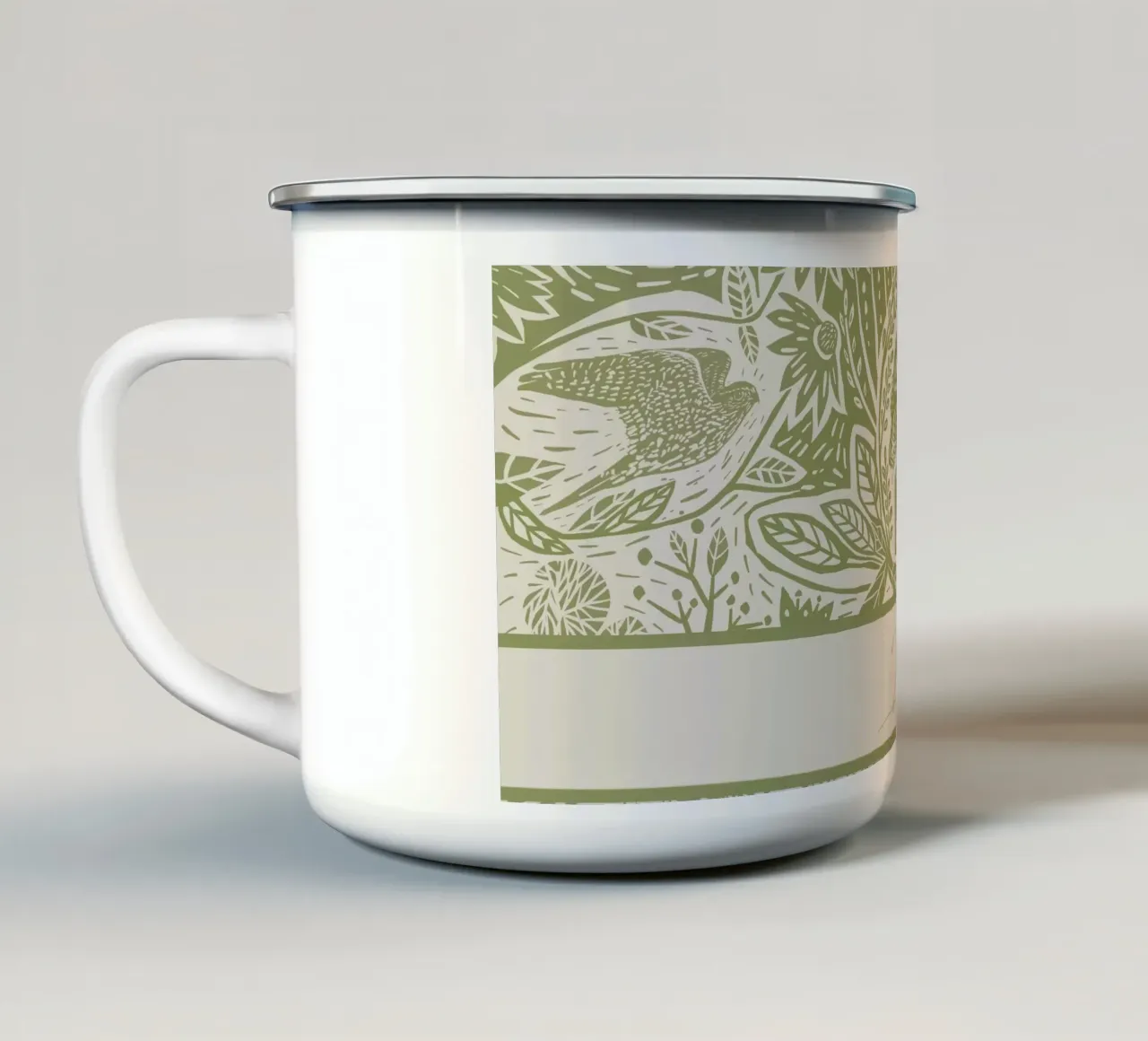 Linogravure Boho personnalisée - Oiseaux - Impression d'art rustique mug en émail de Patruschka’s Patterns