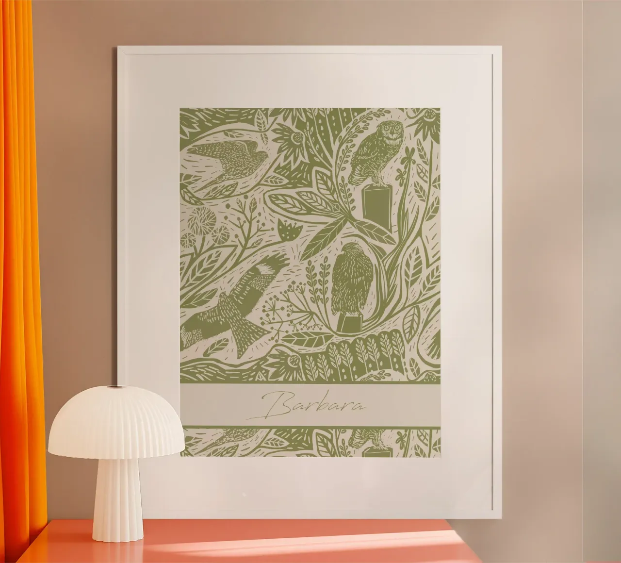 Uccelli linolevigati Boho personalizzati - Stampa d'arte rustica poster con telaio in plastica da Patruschka’s Patterns