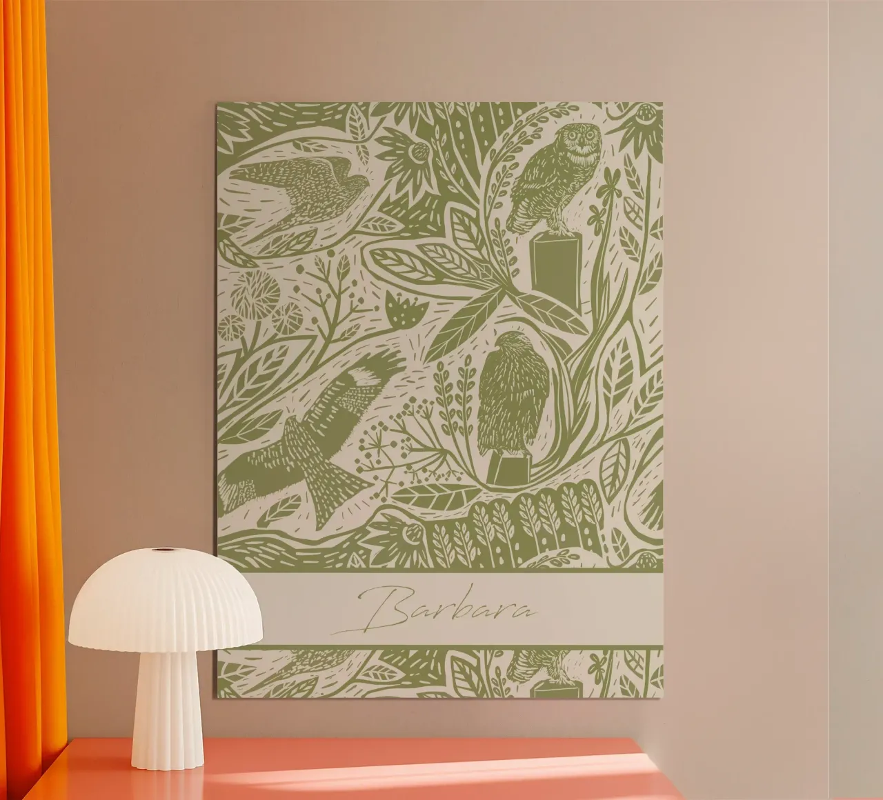 Uccelli linolevigati Boho personalizzati - Stampa d'arte rustica poster con telaio in plastica da Patruschka’s Patterns