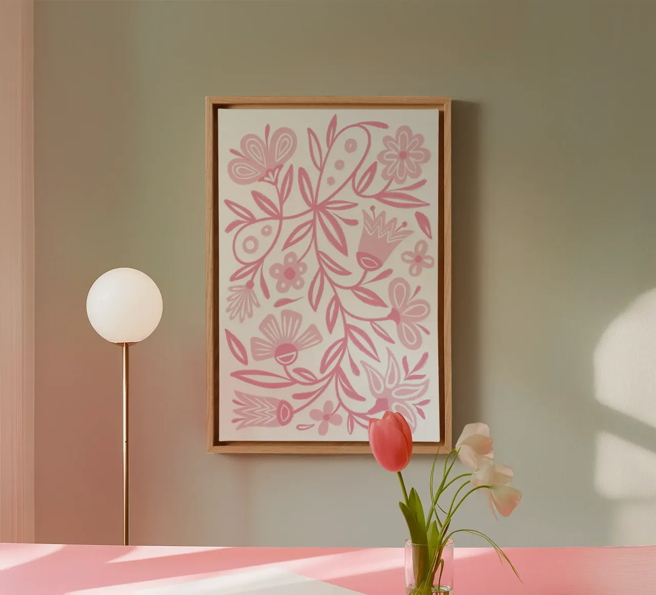 Folclore floreale rosa tela con Cornice a cassetta da Martina