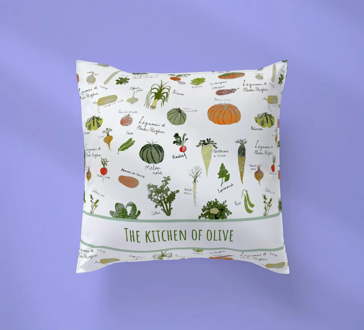 Whimsical French Kitchen Art – Personalized Veggie Print decorative cushion by Patruschka’s Patterns