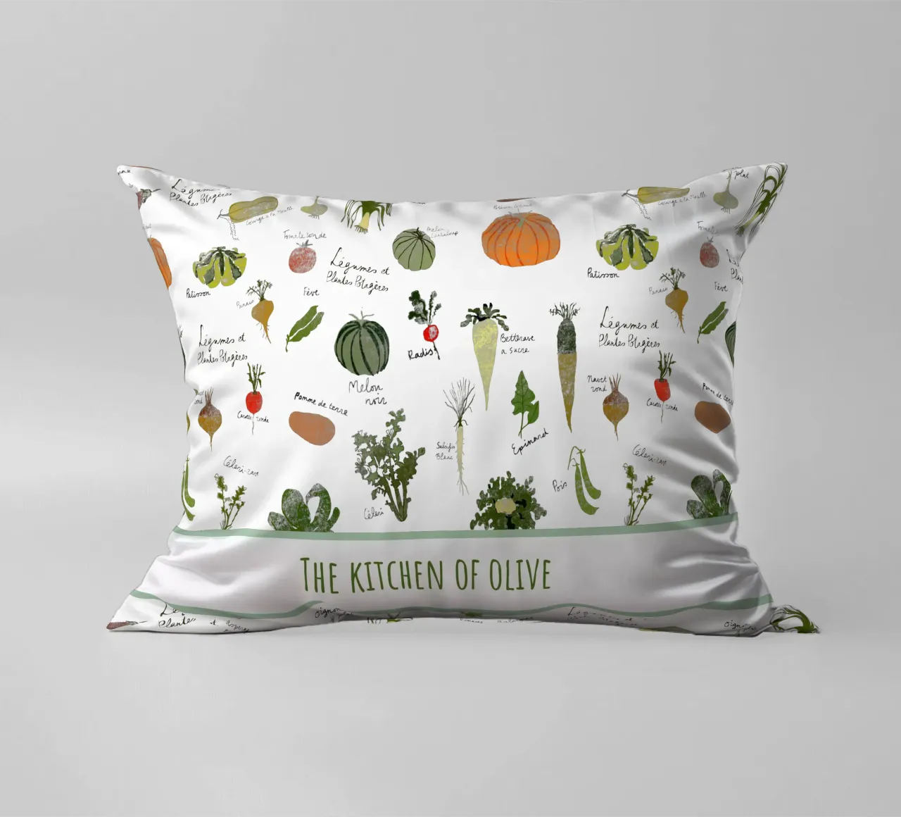 Whimsical French Kitchen Art – Personalized Veggie Print decorative cushion by Patruschka’s Patterns