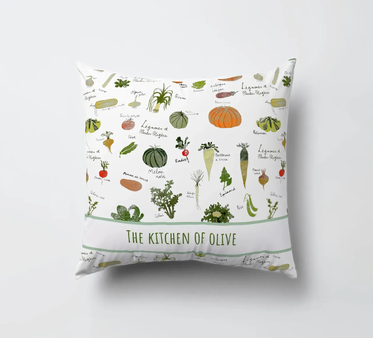 Whimsical French Kitchen Art – Personalized Veggie Print decorative cushion by Patruschka’s Patterns