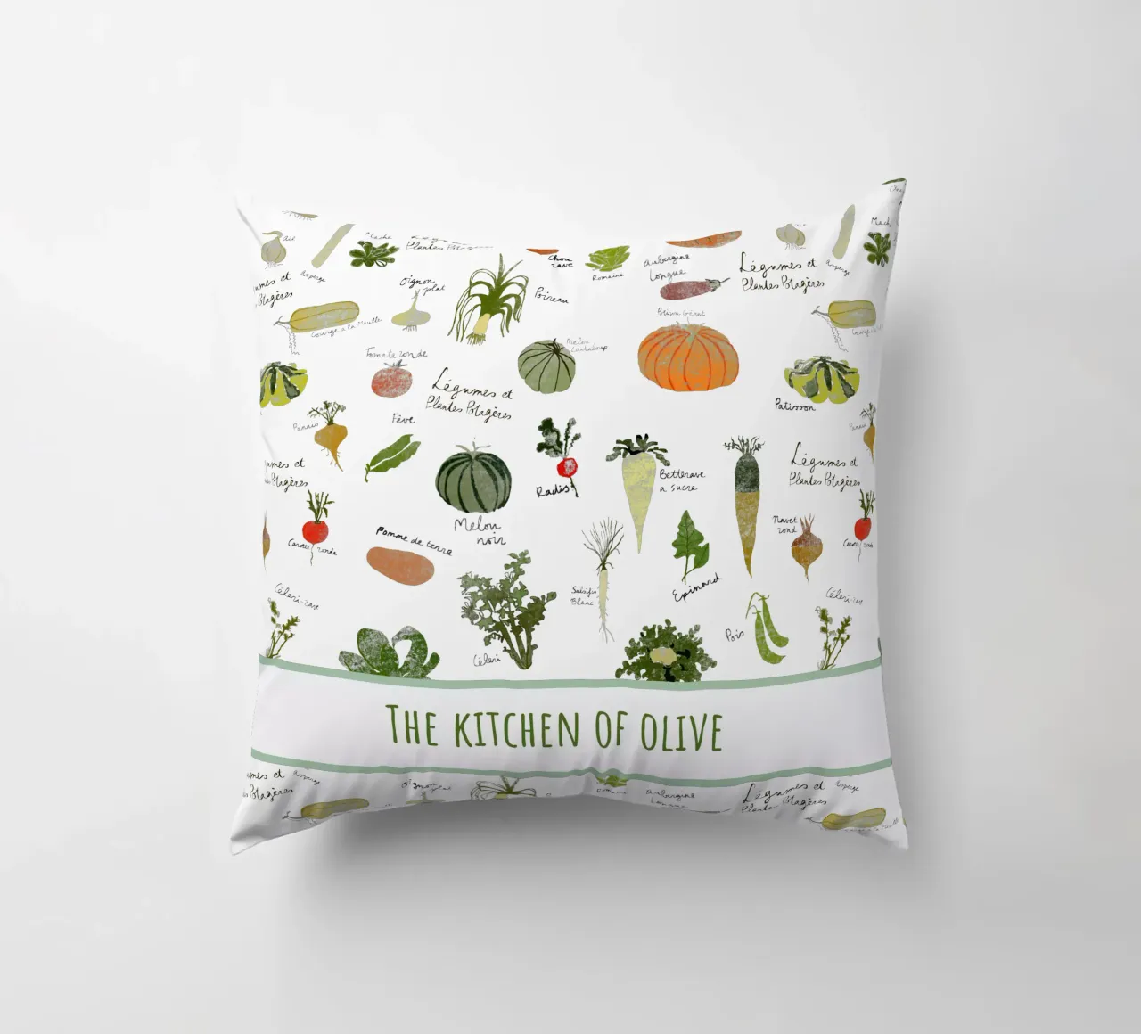 Whimsical French Kitchen Art – Personalized Veggie Print decorative cushion by Patruschka’s Patterns