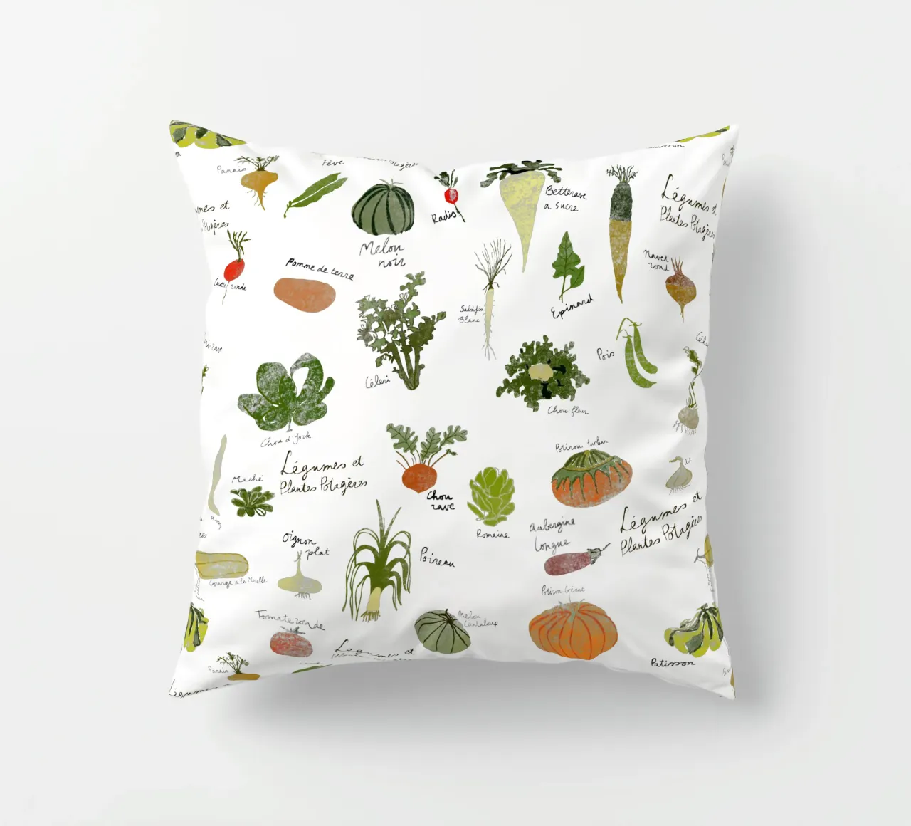 Whimsical French Kitchen Art – Personalized Veggie Print decorative cushion by Patruschka’s Patterns