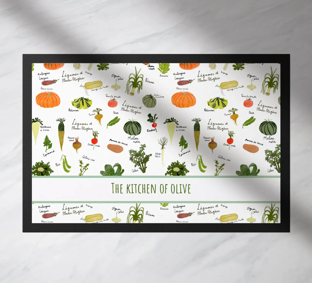 Whimsical French Kitchen Art – Personalized Veggie Print doormat by Patruschka’s Patterns