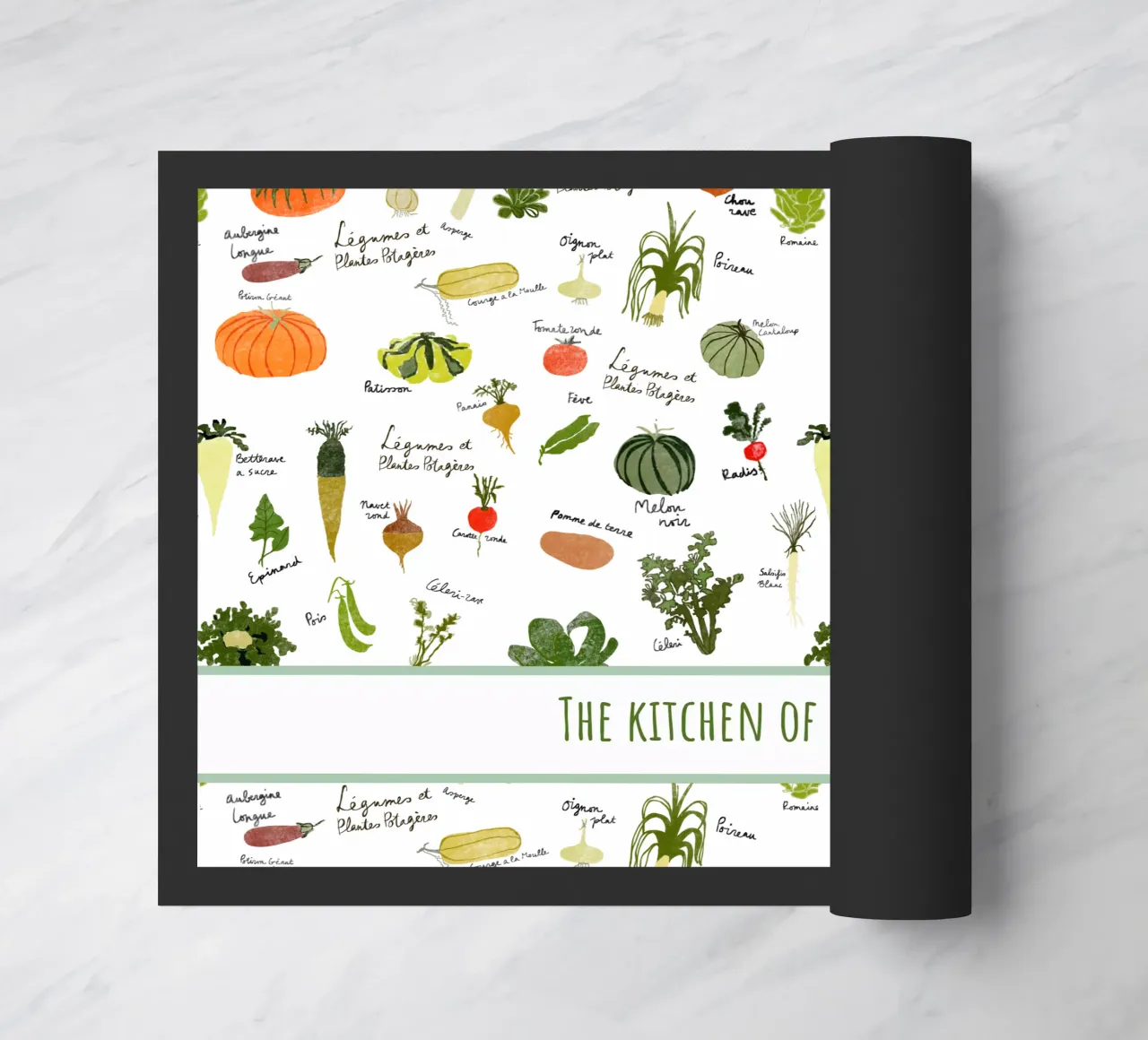 Whimsical French Kitchen Art – Personalized Veggie Print doormat by Patruschka’s Patterns