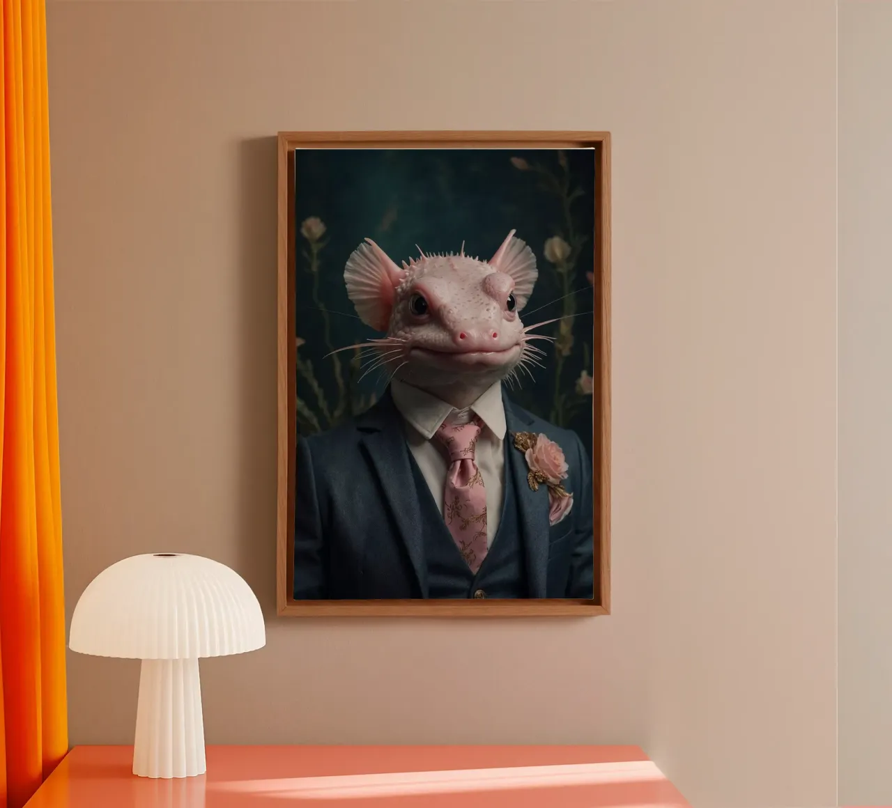 Ambrose the Dapper Axolotl – Elegant Underwater Portrait canvas with Floater frame by Beasts of Nobility