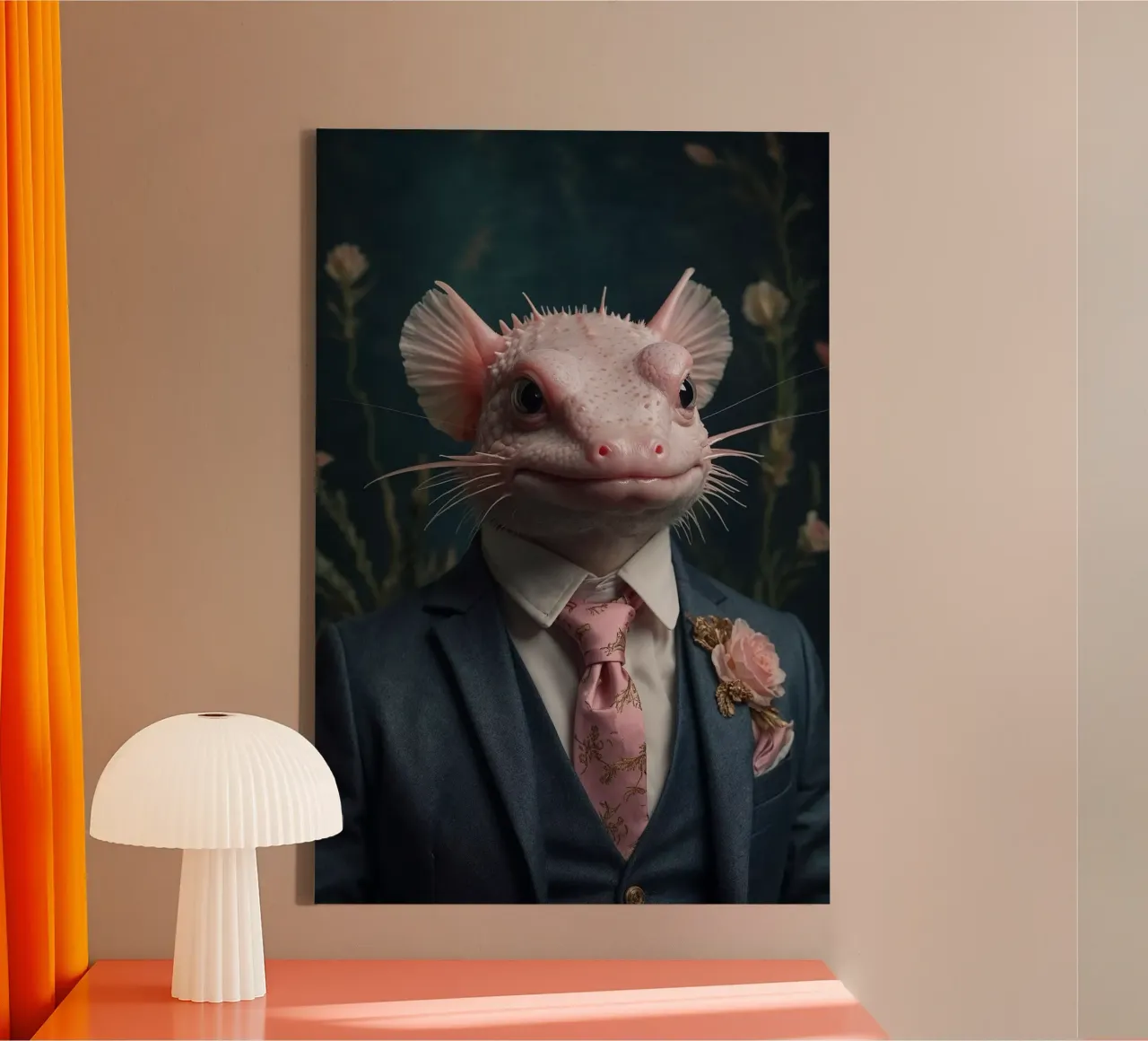 Ambrose the Dapper Axolotl – Elegant Underwater Portrait canvas with Floater frame by Beasts of Nobility