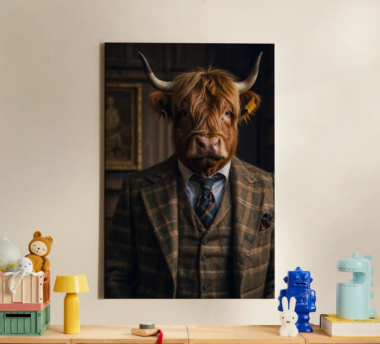 Douglas der Hochland-Gentleman - Kuh Edition Leinwand mit Schattenfugenrahmen von Beasts of Nobility