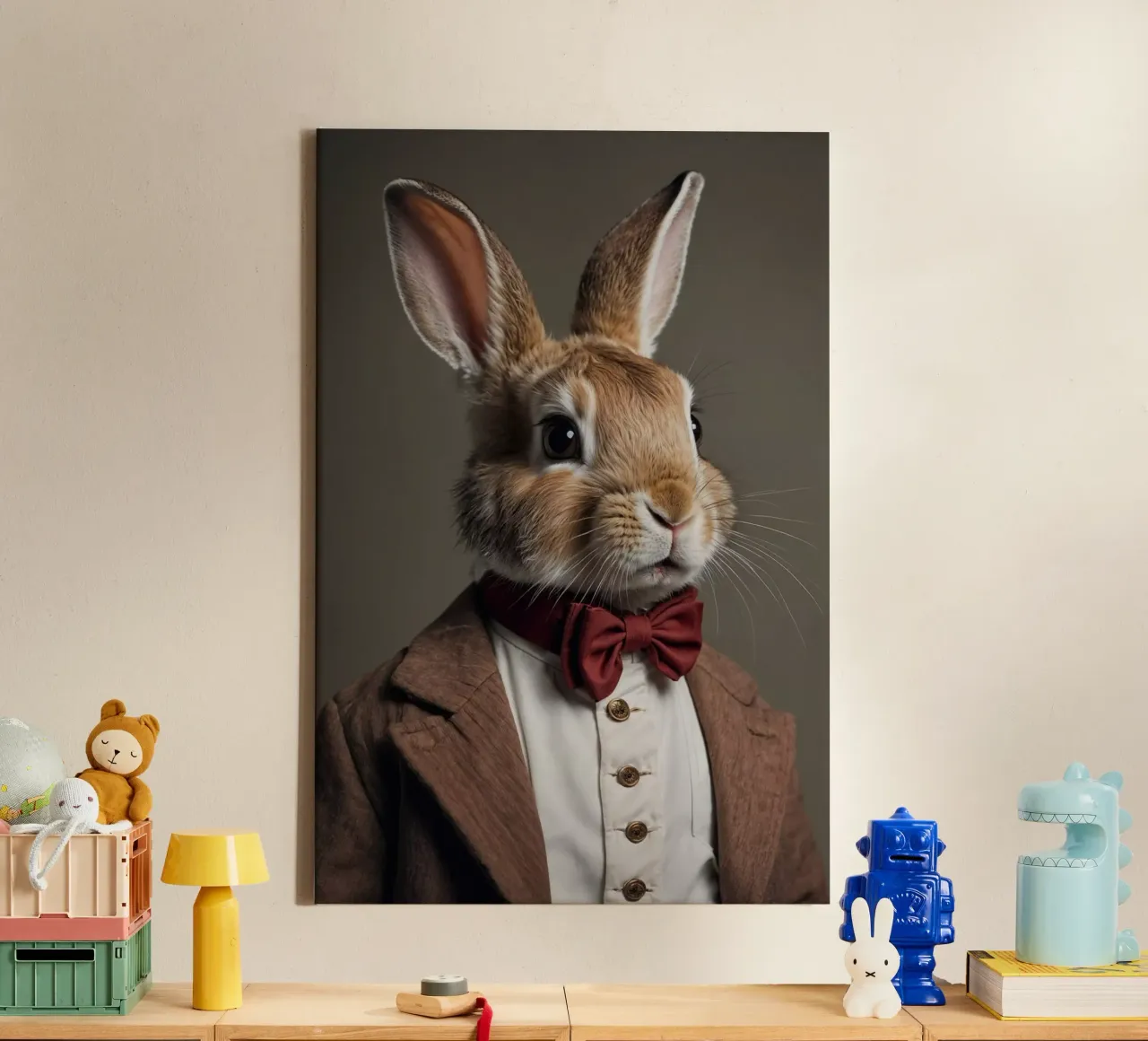 Lord Baxter – The Dapper Bunny in a Red Bow Tie canvas with Floater frame by Beasts of Nobility