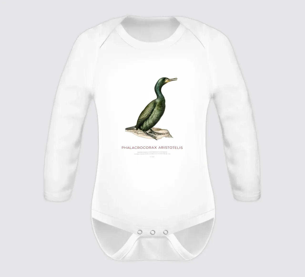 European shag or Phalacrocorax aristotelis long-sleeve baby romper by Vintagrafica