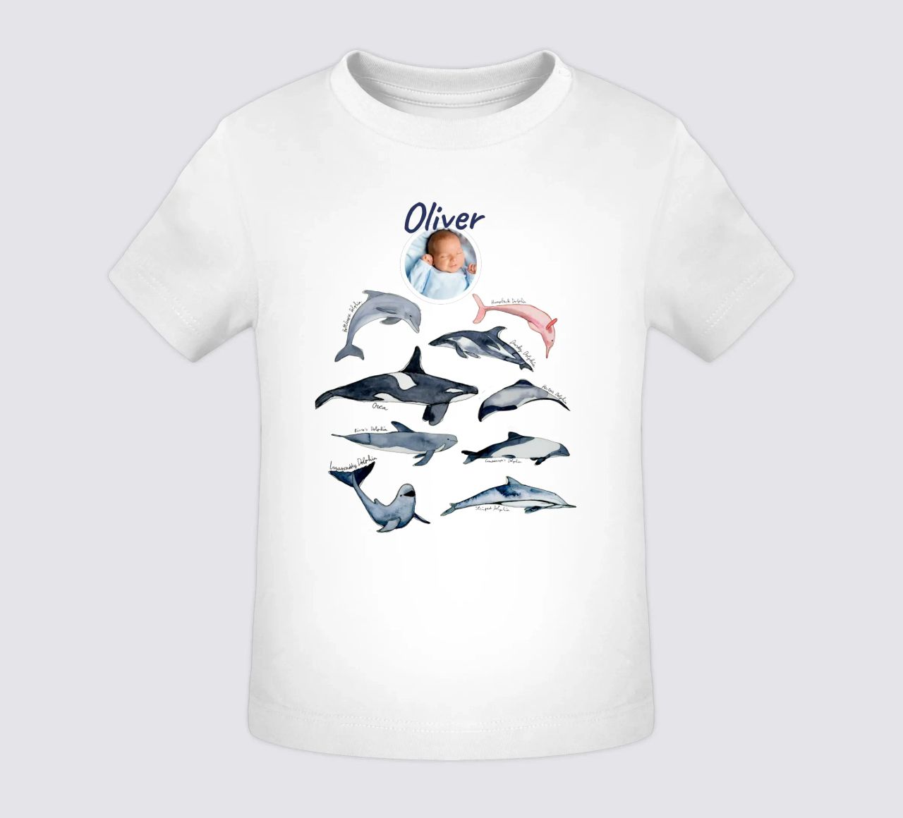 Types de dauphins dessinés à la main à l'aquarelle : Design ludique t-shirt pour bébé de Patruschka’s Patterns