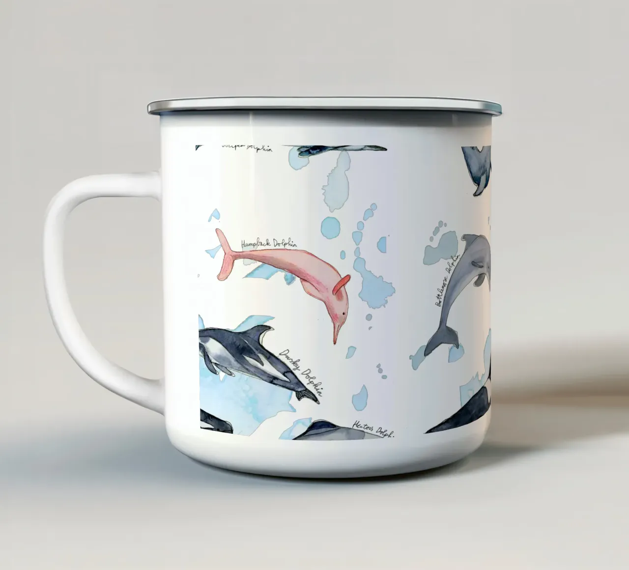Tipos de delfines dibujados a mano en acuarela: diseño lúdico taza de esmalte de Patruschka’s Patterns