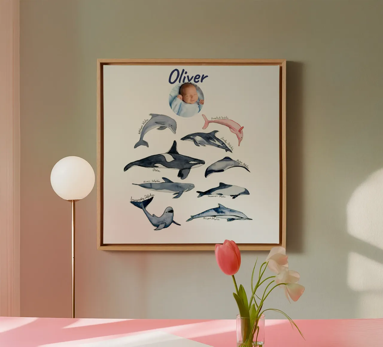 Handgetekende soorten dolfijnen in aquarel: speels ontwerp canvas met Baklijst van Patruschka’s Patterns