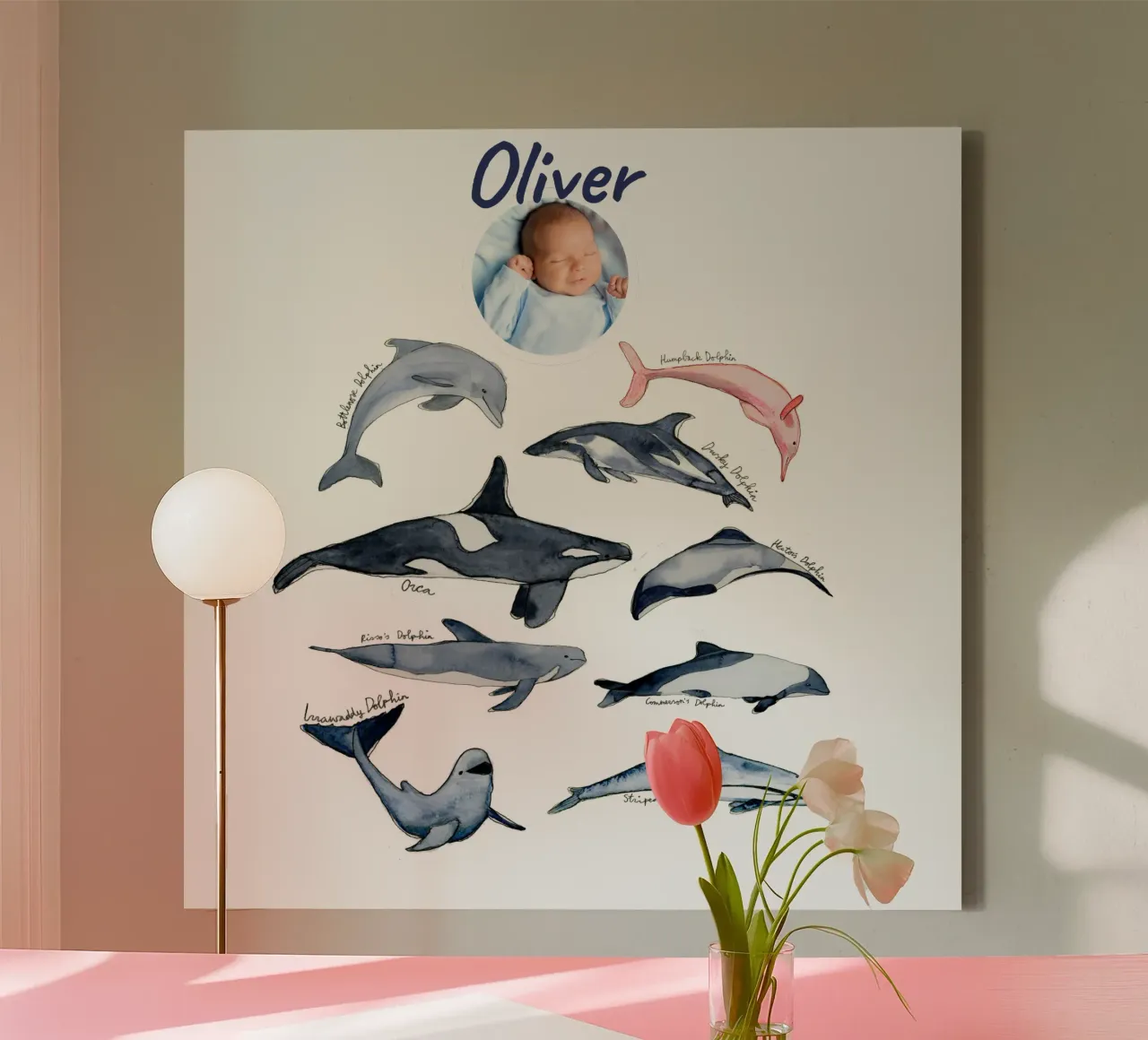 Handgetekende soorten dolfijnen in aquarel: speels ontwerp canvas met Baklijst van Patruschka’s Patterns
