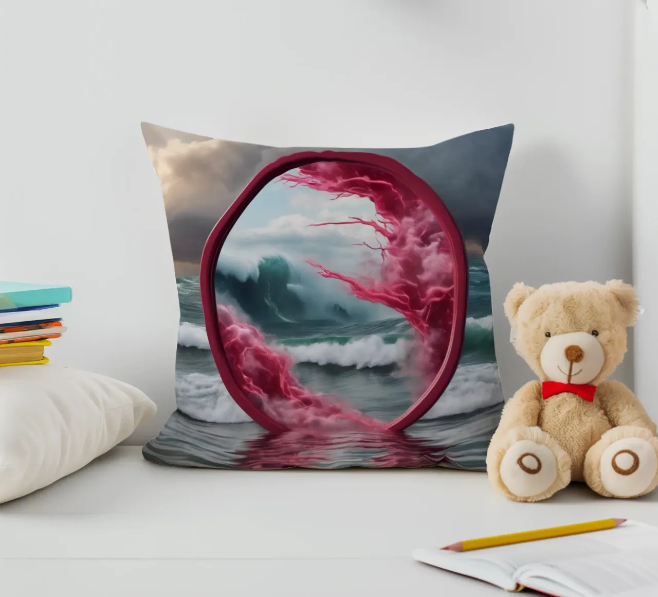 red wave decorative cushion by kimmindmuse