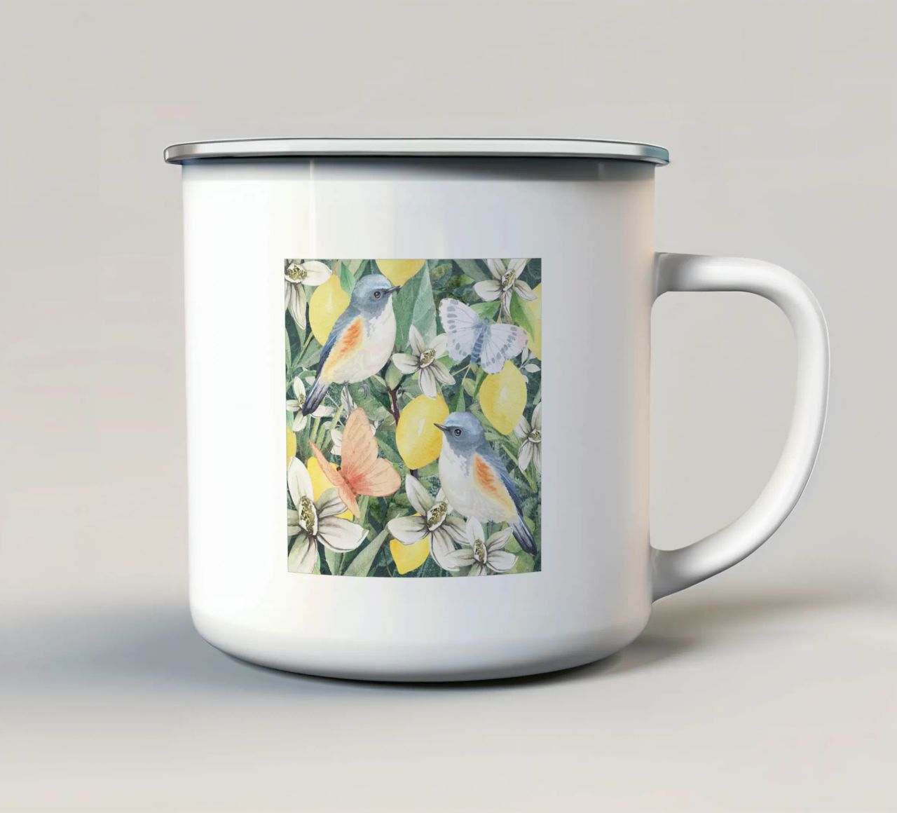 Uccelli in un frutteto di limoni tazza in smalto da Mostly Pink