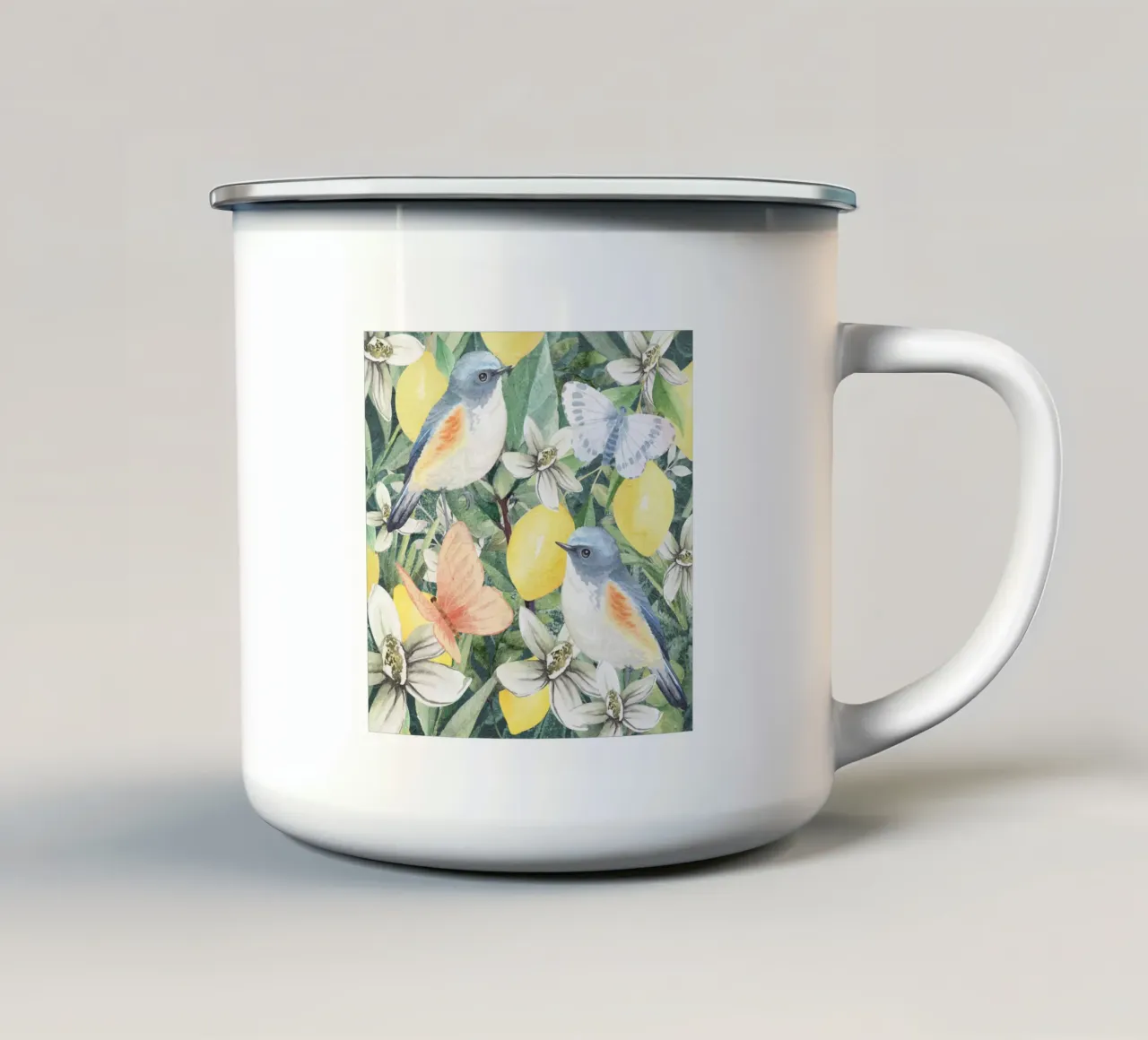 Birds in A Lemon Tree Orchard enamel mug by Mostly Pink