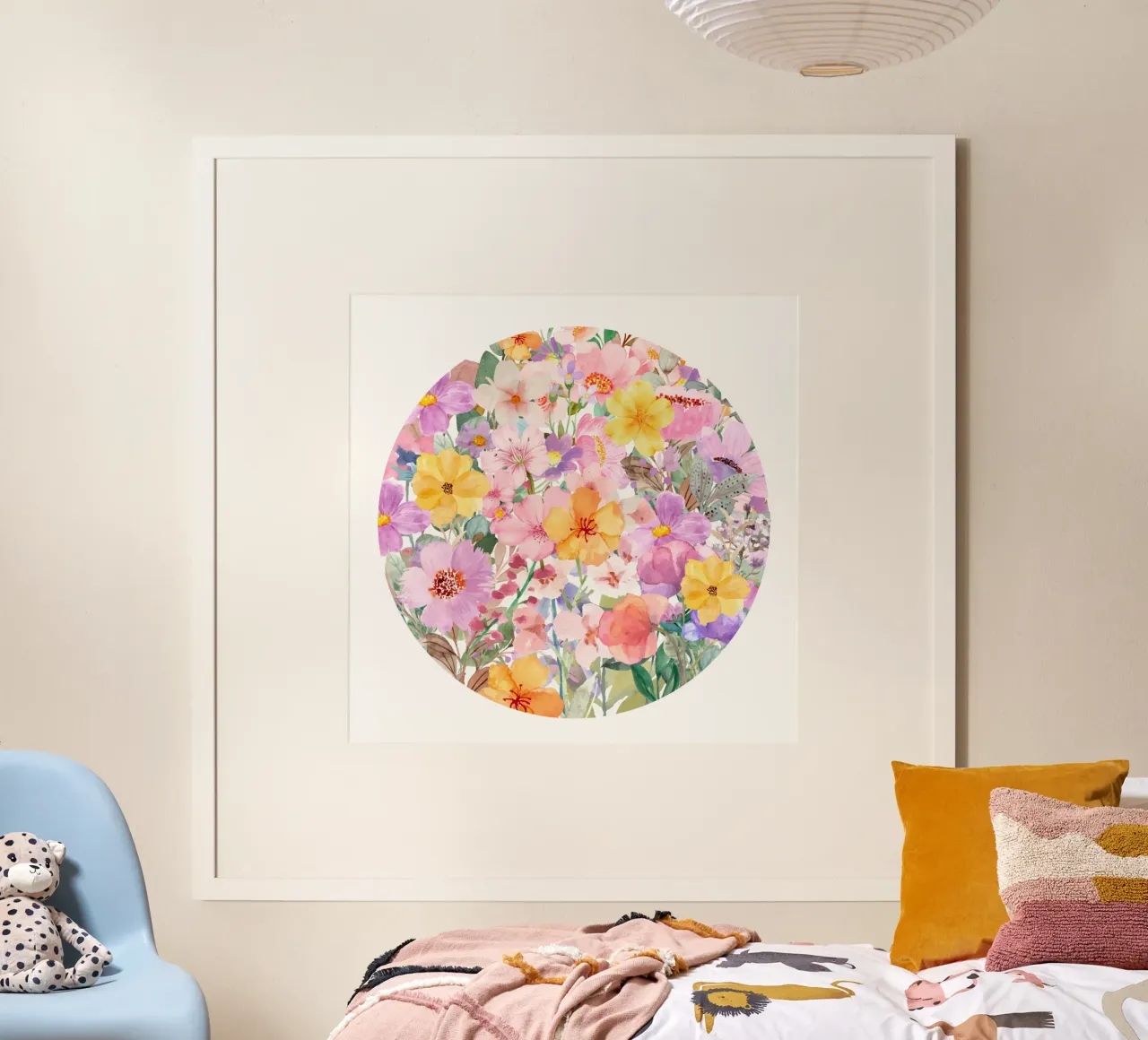 Cerchio di fiori rosa poster con telaio in legno da Chérie Prints