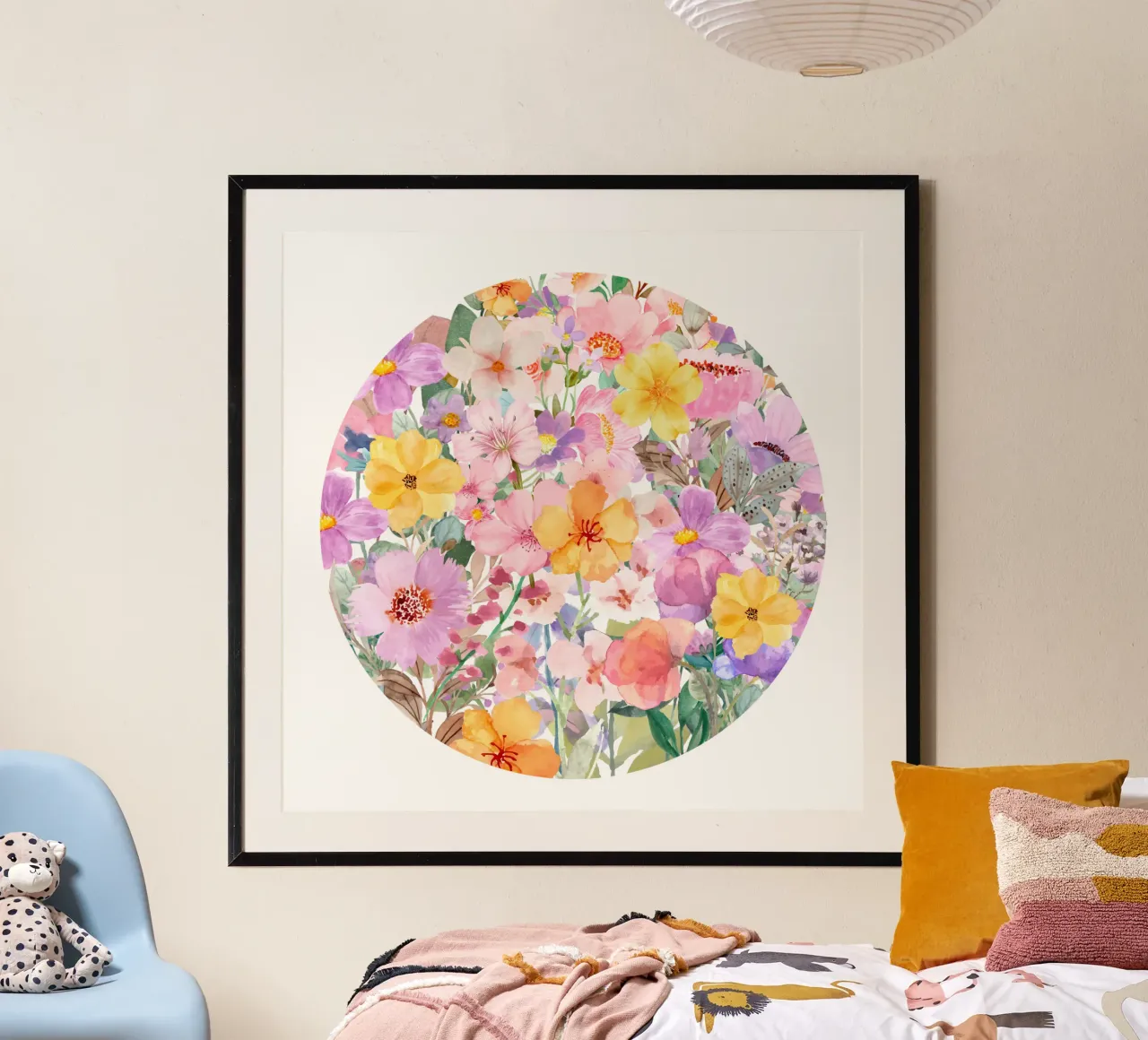Cerchio di fiori rosa poster con telaio in legno da Chérie Prints