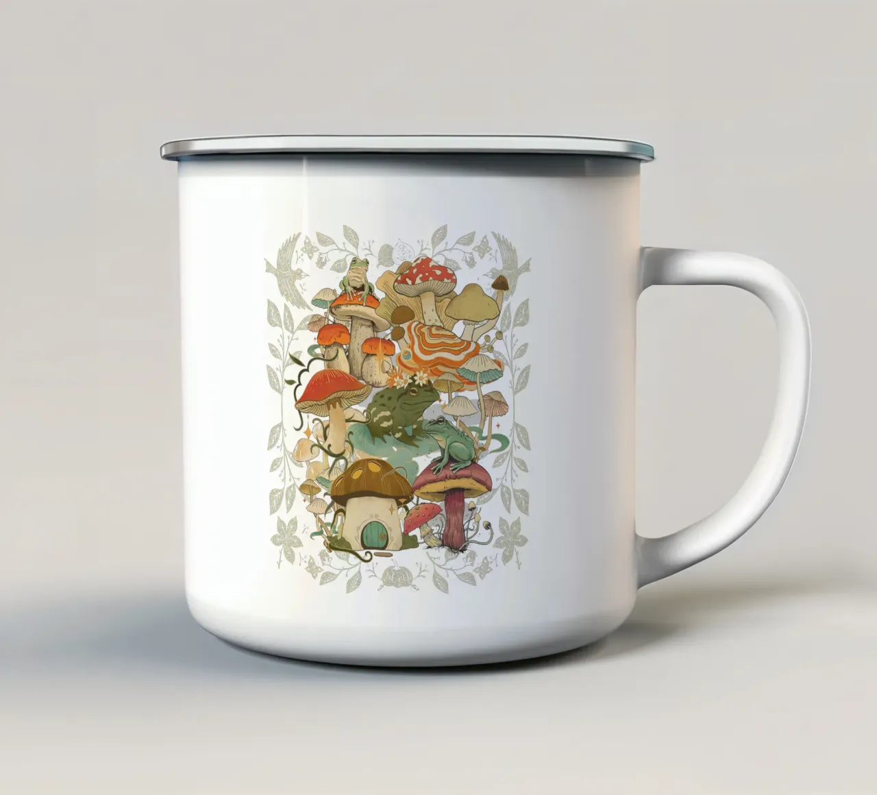 Frogs and Mushrooms enamel mug by Mostly Pink