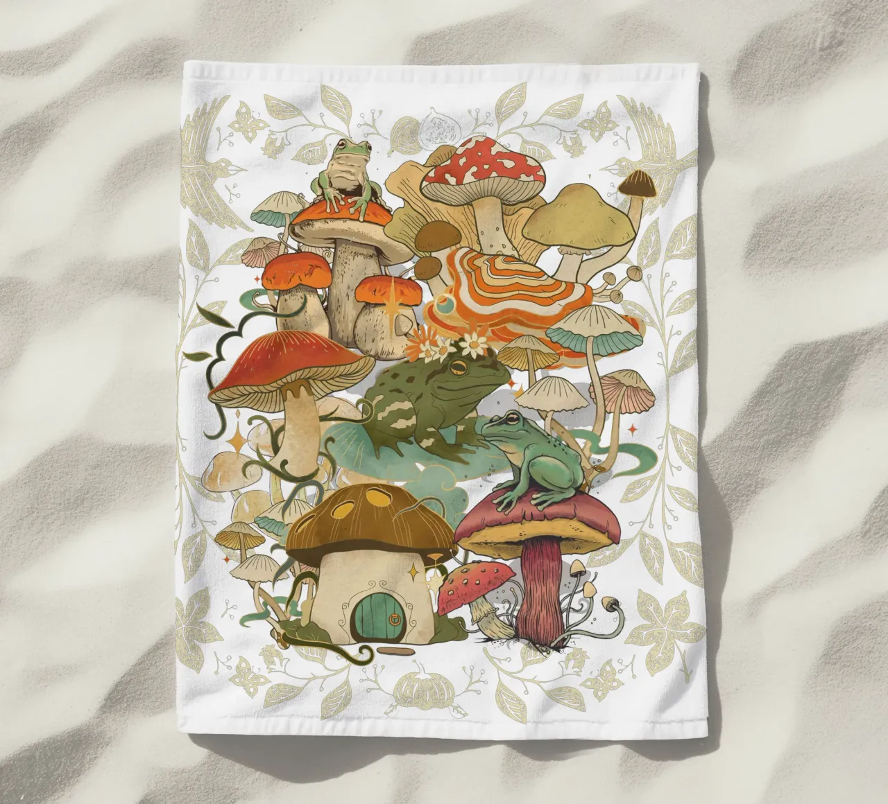 Rane e funghi telo mare da Mostly Pink