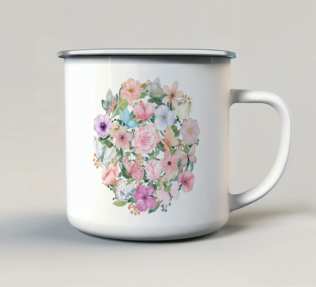Cerchio di fiori e farfalle tazza in smalto da Mostly Pink