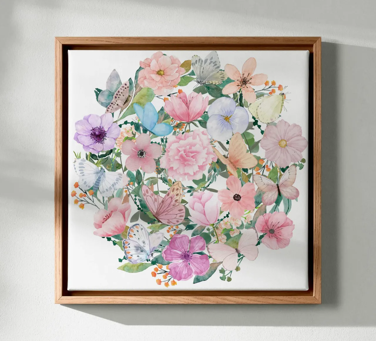 Bloemen en vlinders Cirkel canvas met Baklijst van Chérie Prints