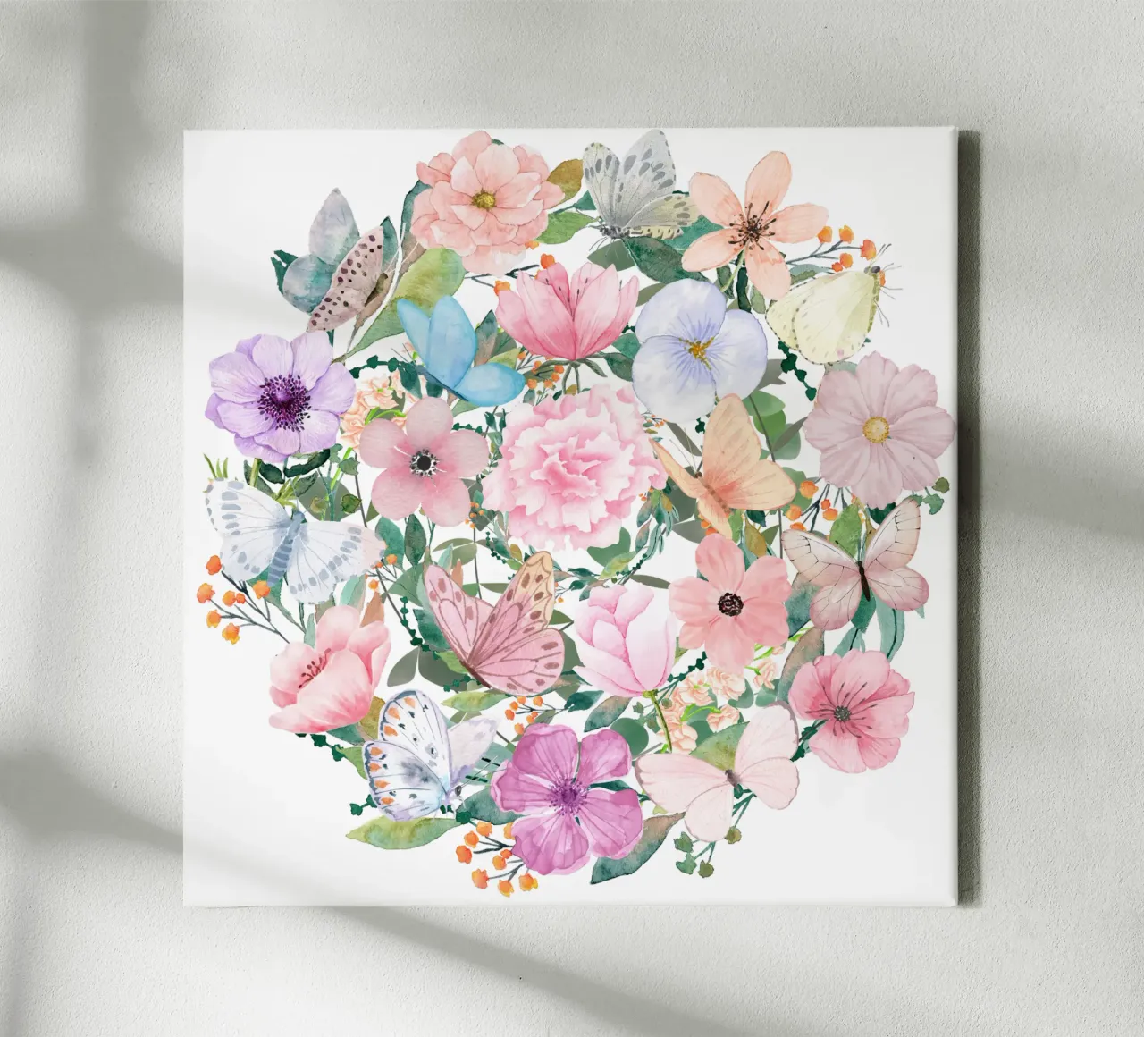 Bloemen en vlinders Cirkel canvas met Baklijst van Chérie Prints