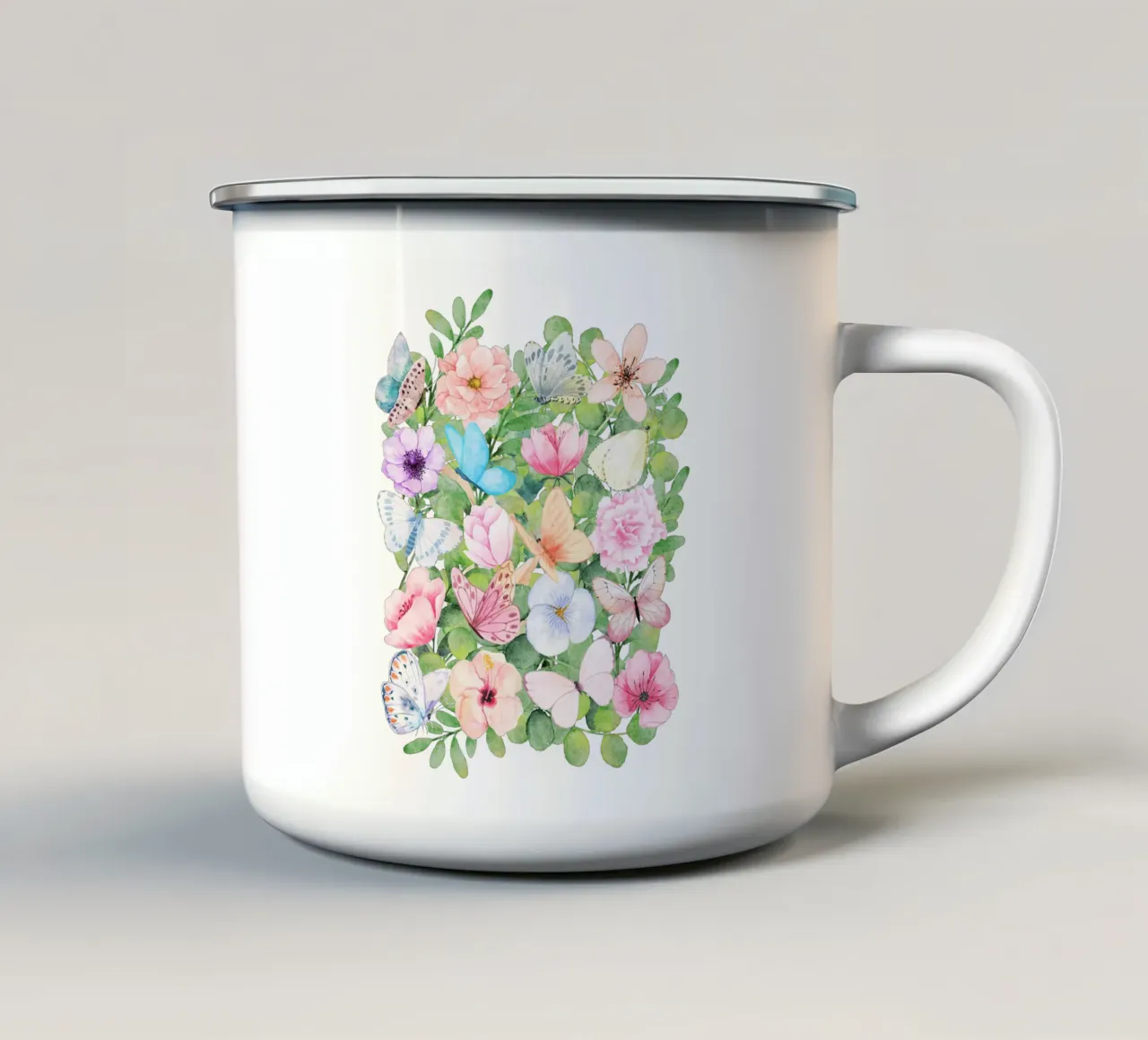 Fiori e farfalle tazza in smalto da Mostly Pink