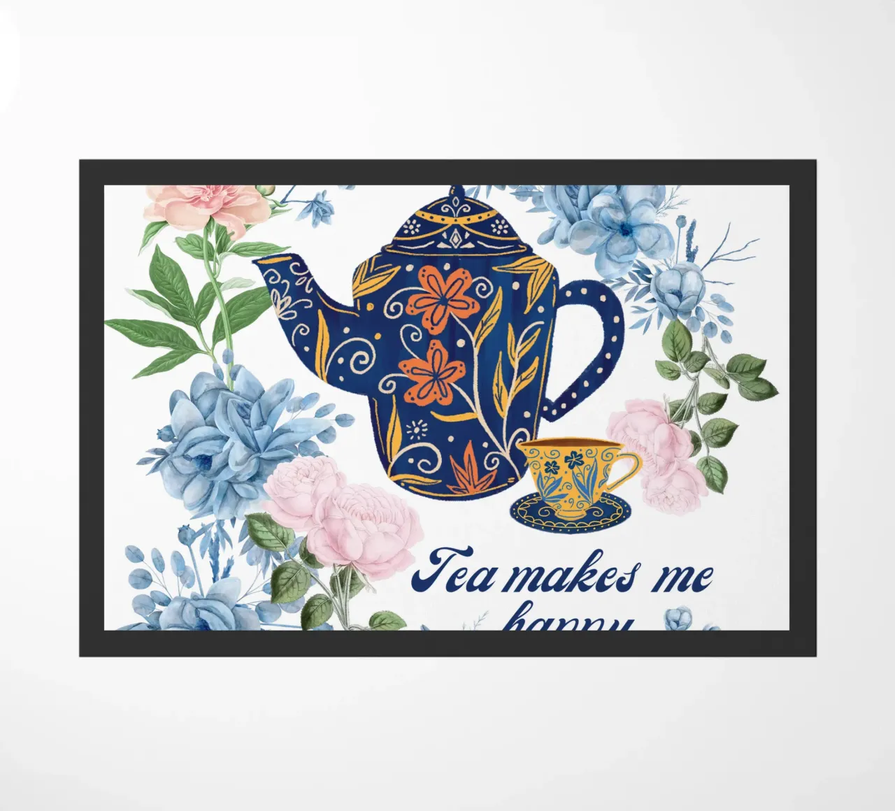 Il tè mi rende felice Fiori blu zerbino da Mostly Pink
