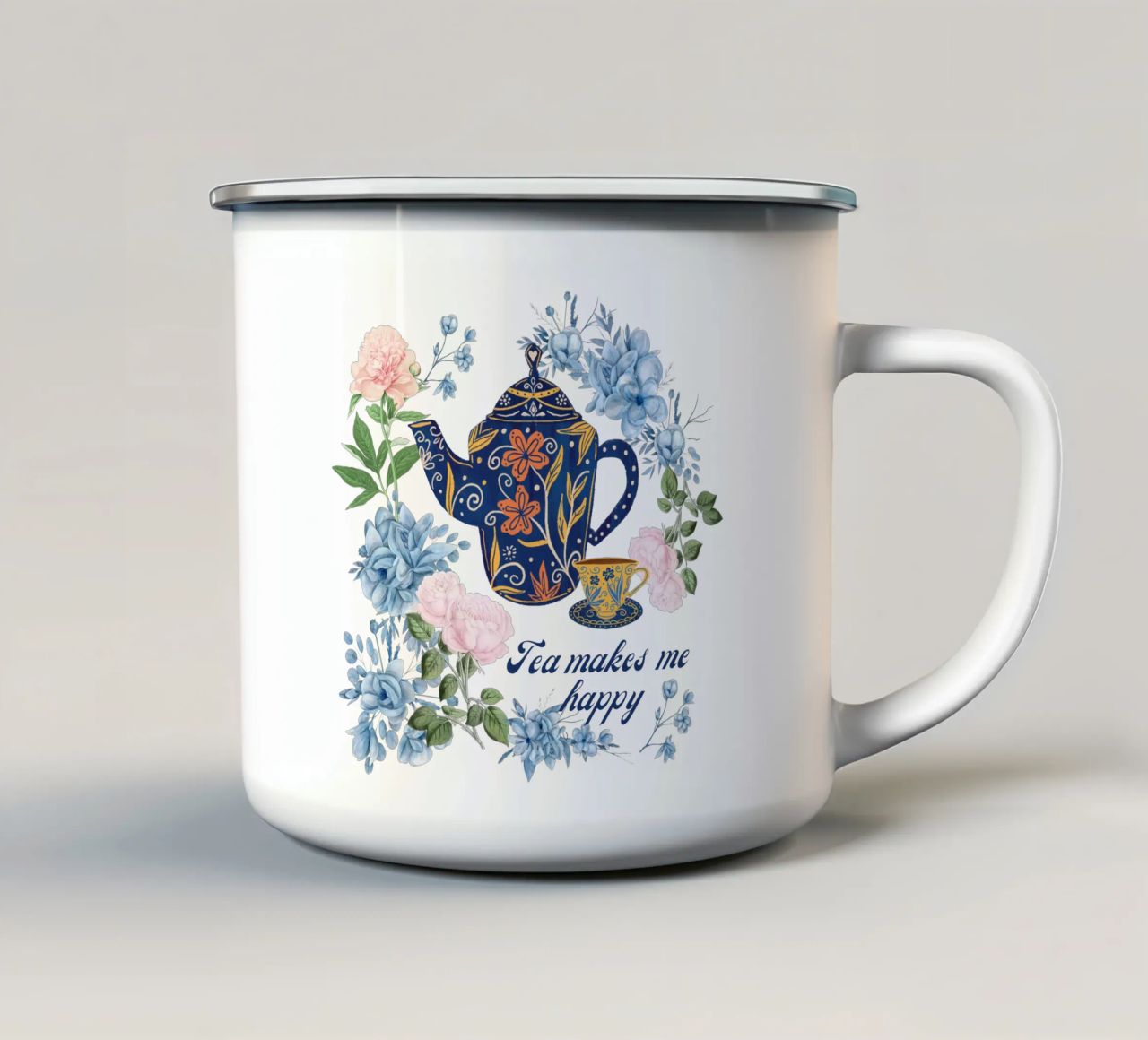 Il tè mi rende felice Fiori blu tazza in smalto da Mostly Pink