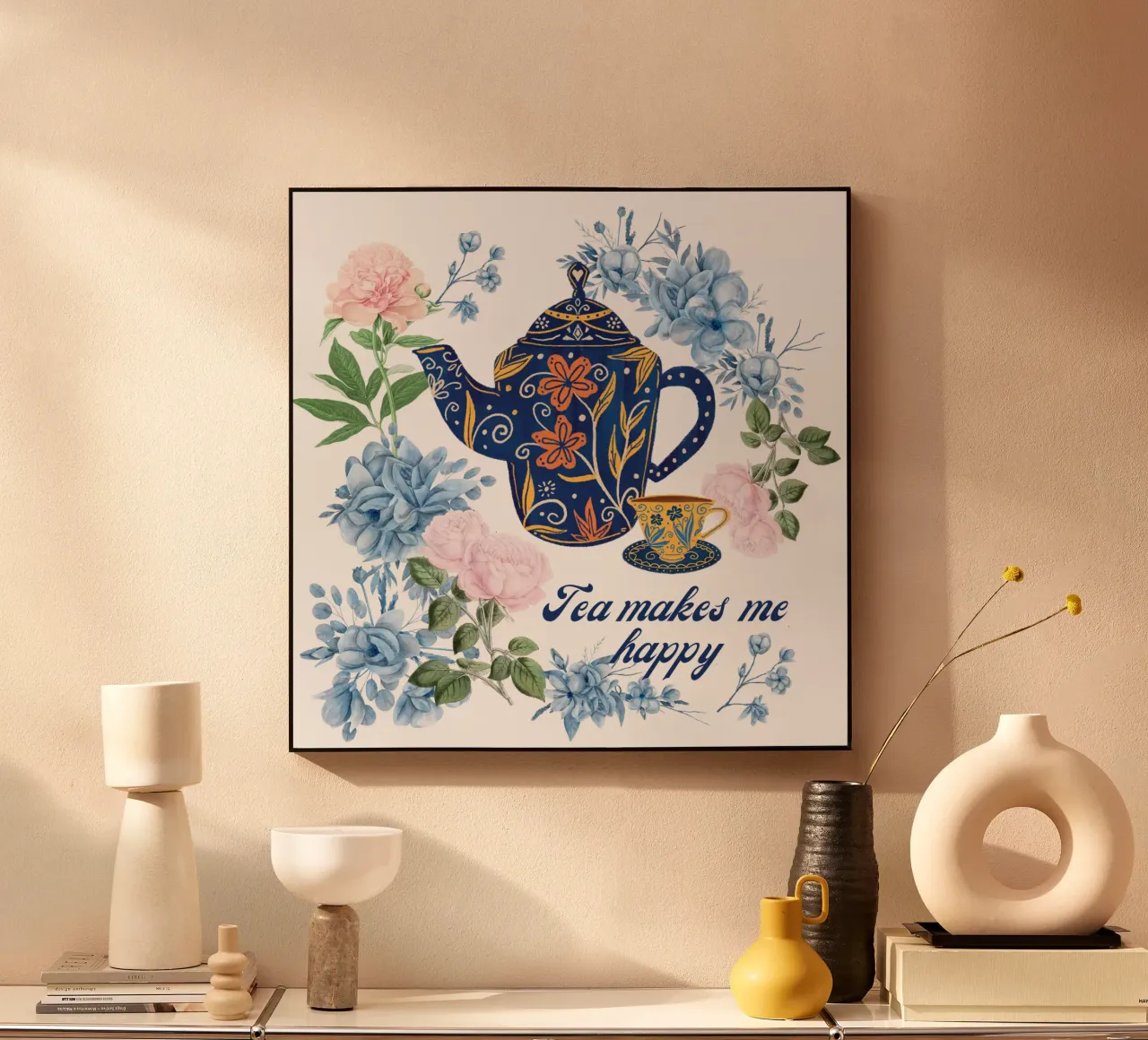 Il tè mi rende felice Fiori blu alluminio dibond da Chérie Prints