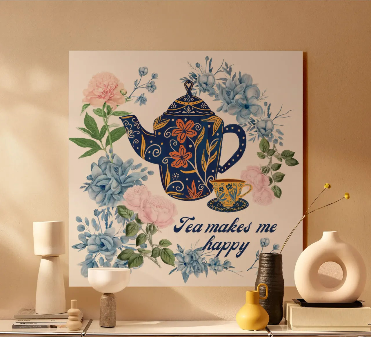 Il tè mi rende felice Fiori blu alluminio dibond da Chérie Prints