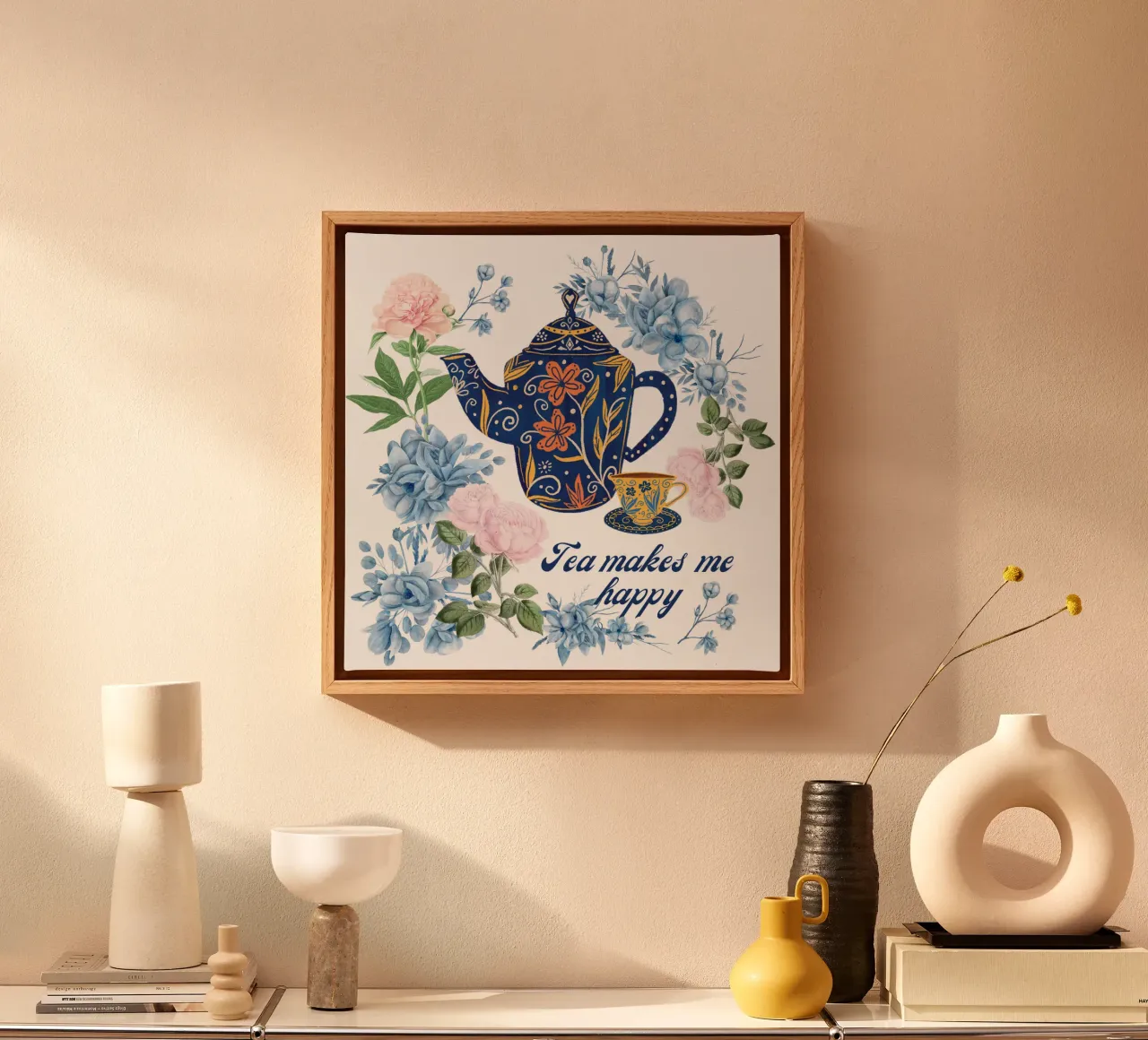 Il tè mi rende felice Fiori blu tela con Cornice a cassetta da Chérie Prints