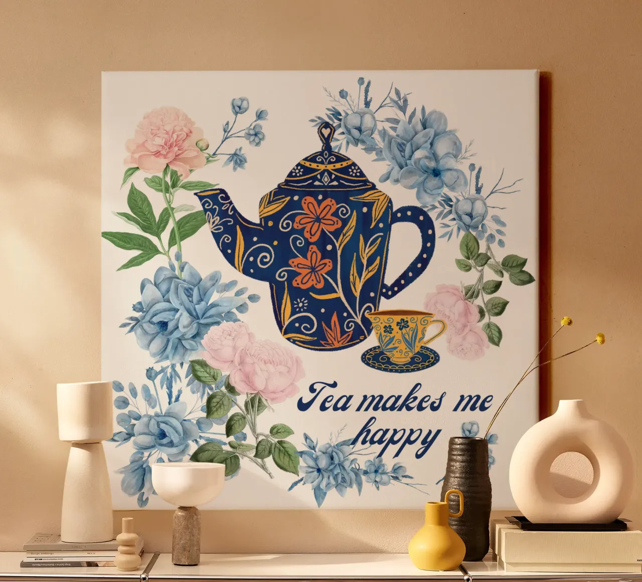 Il tè mi rende felice Fiori blu tela con Cornice a cassetta da Chérie Prints