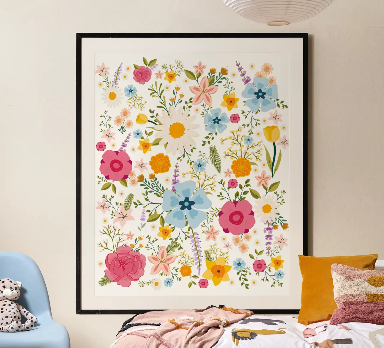 Fiori di primavera Modello colorato poster con telaio in legno da Chérie Prints