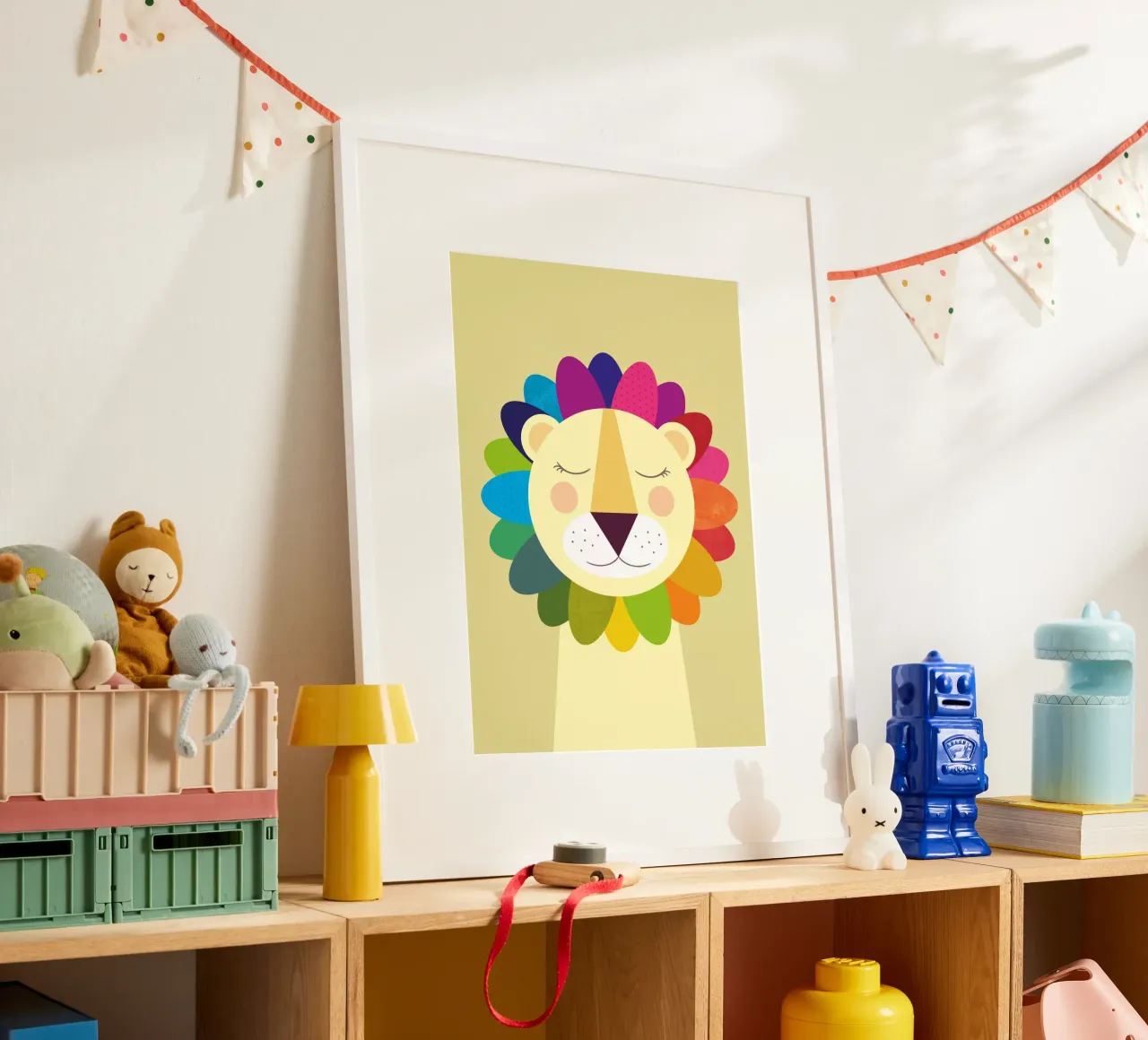 Sogni di leoni colorati poster con telaio in legno da JaySan Studio