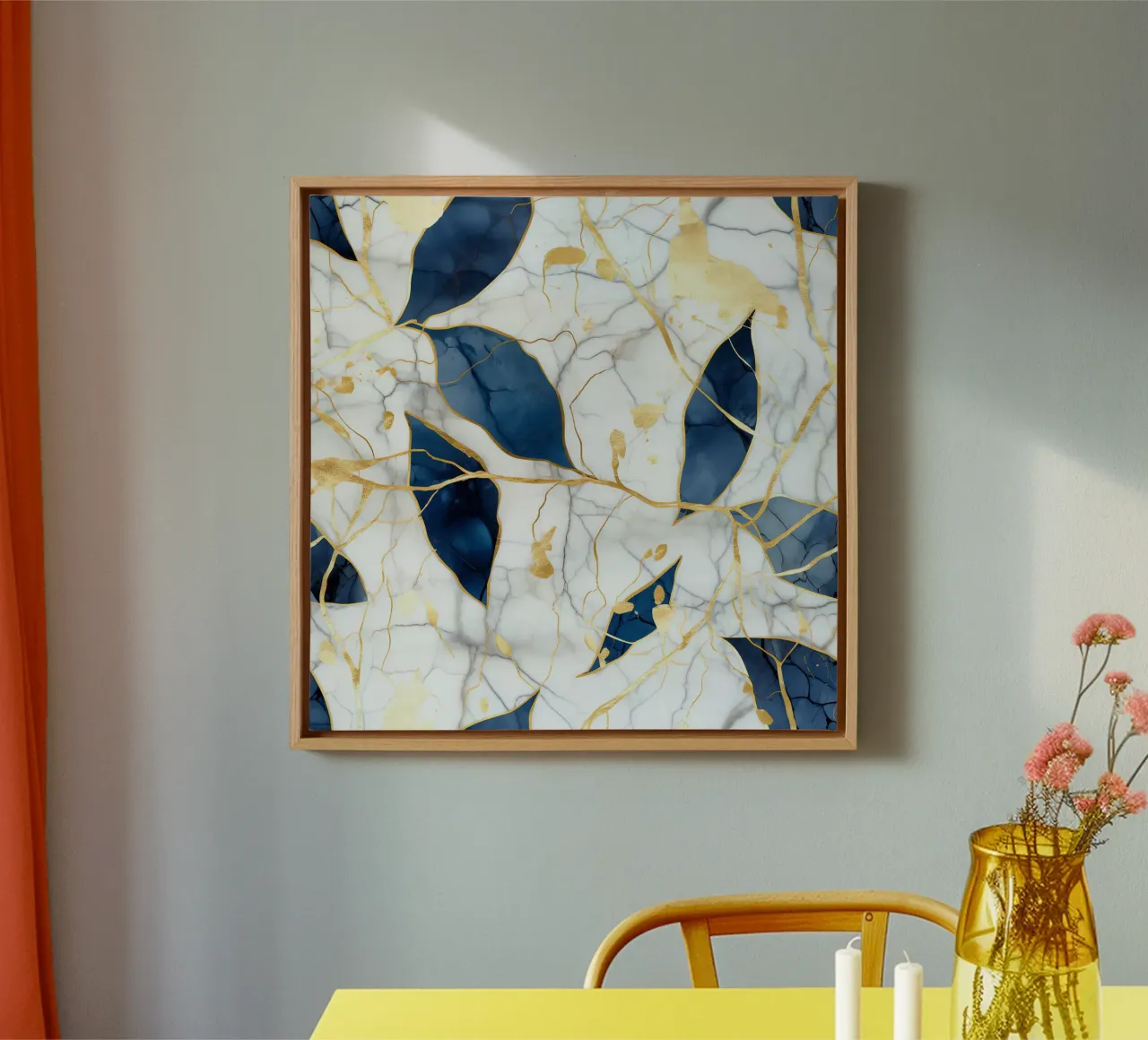 Kunst Kintsugi Blanc Bleu et Or Leinwand mit Schattenfugenrahmen von Théïa's Fantasia World