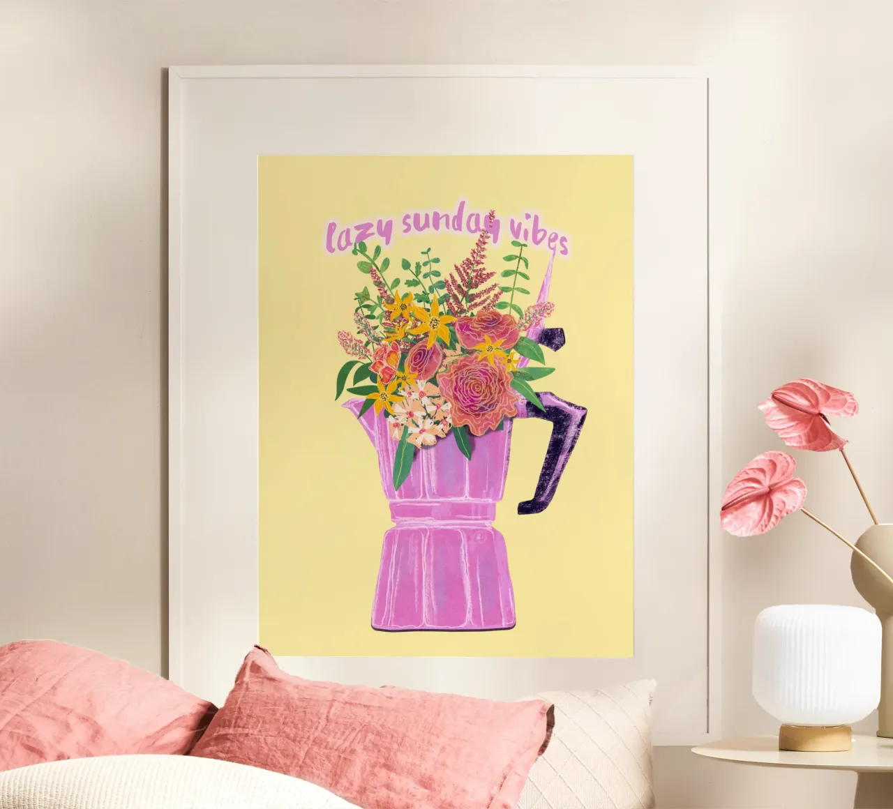 Lazy Sunday Vibes poster avec cadre en bois de Illustration Raissa Oltmanns