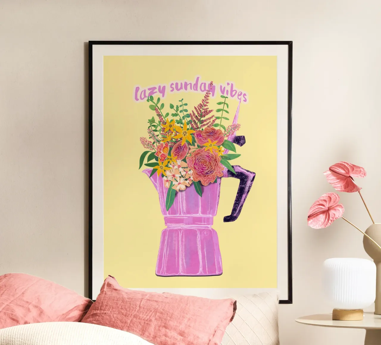 Lazy Sunday Vibes poster avec cadre en bois de Illustration Raissa Oltmanns