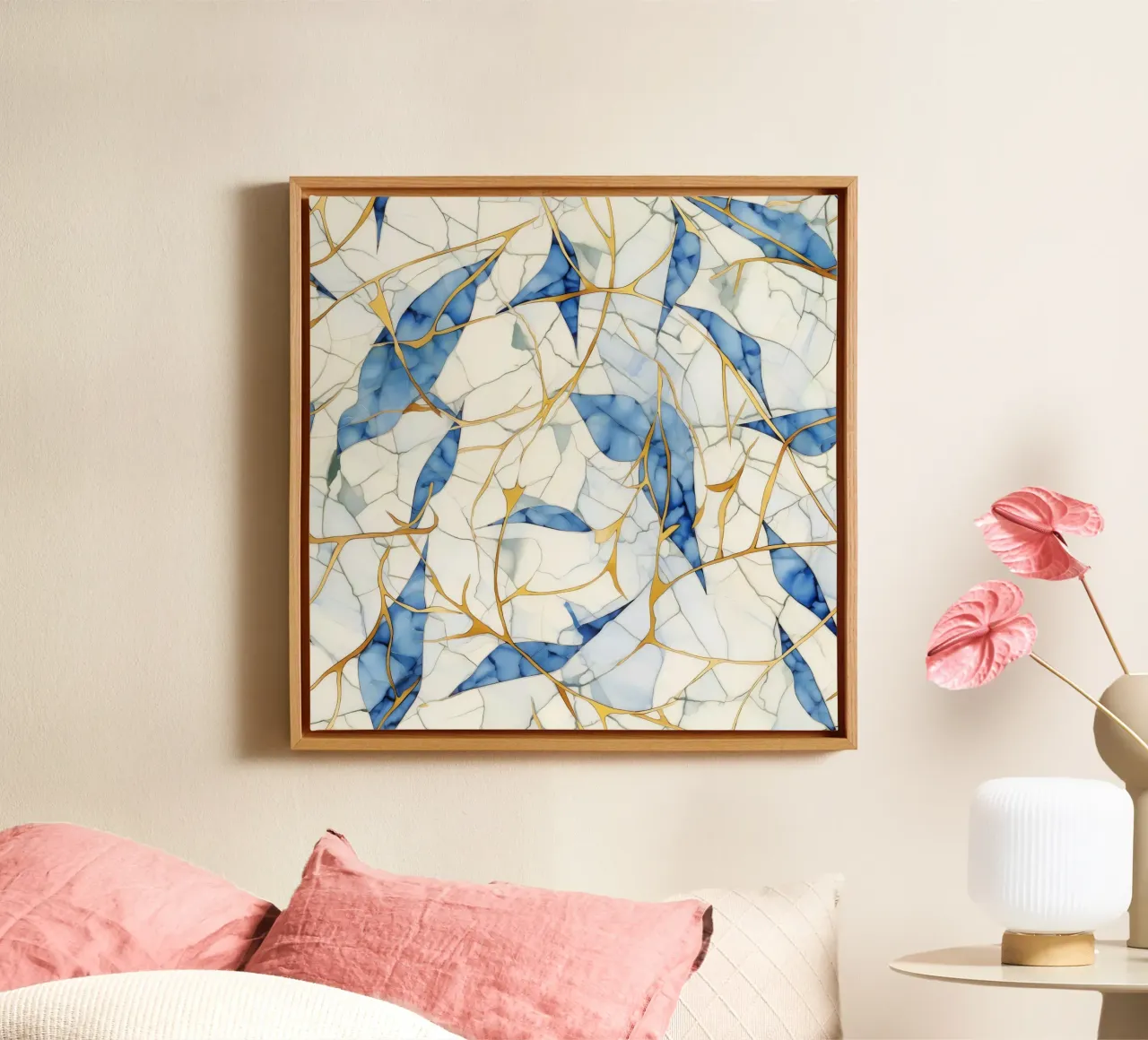 Art Kintsugi Blanc Bleu et Or lienzo con Marco flotante de Théïa's Fantasia World