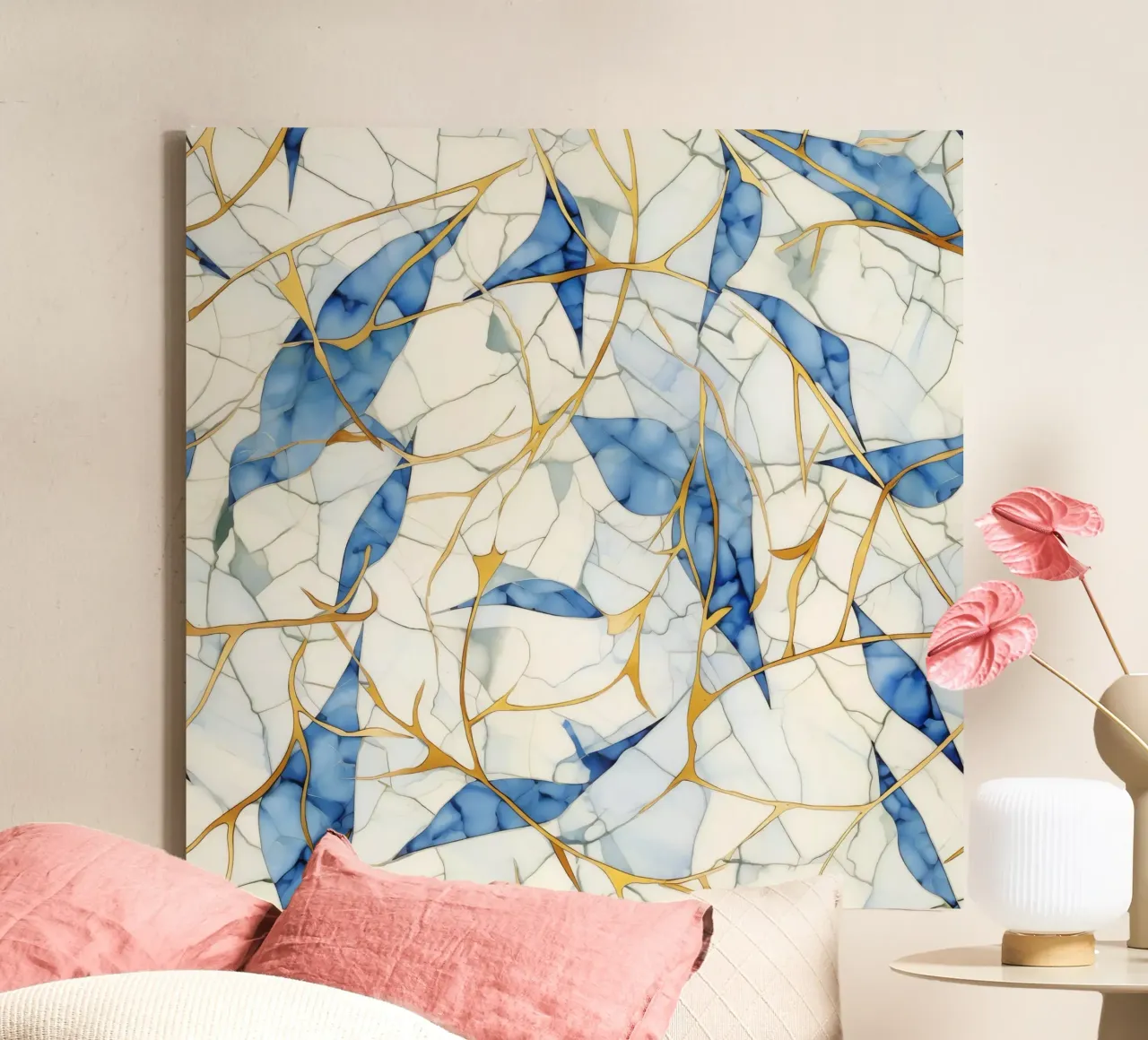 Art Kintsugi Blanc Bleu et Or lienzo con Marco flotante de Théïa's Fantasia World