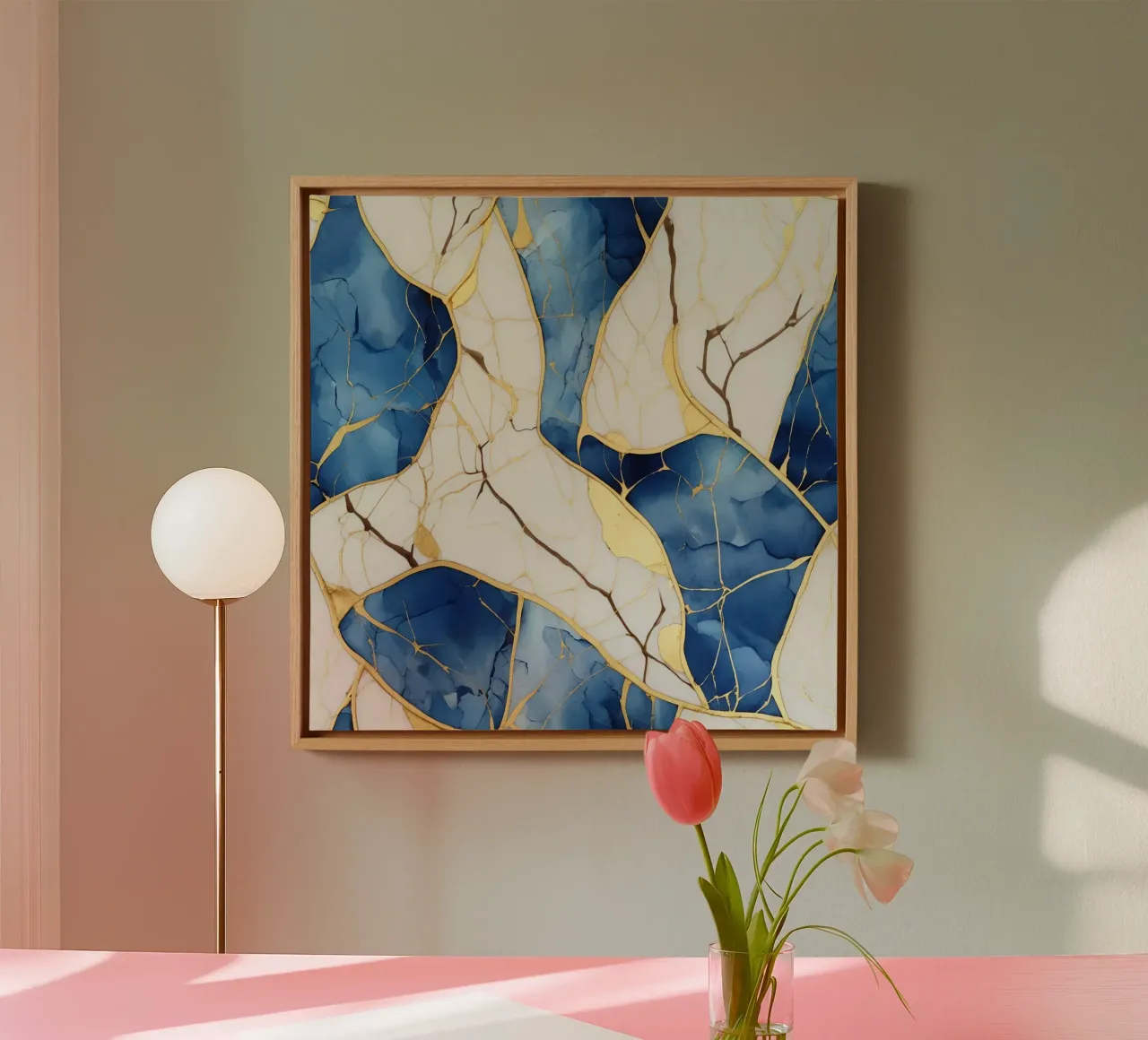 Art Kintsugi Blanc Bleu et Or lienzo con Marco flotante de Théïa's Fantasia World