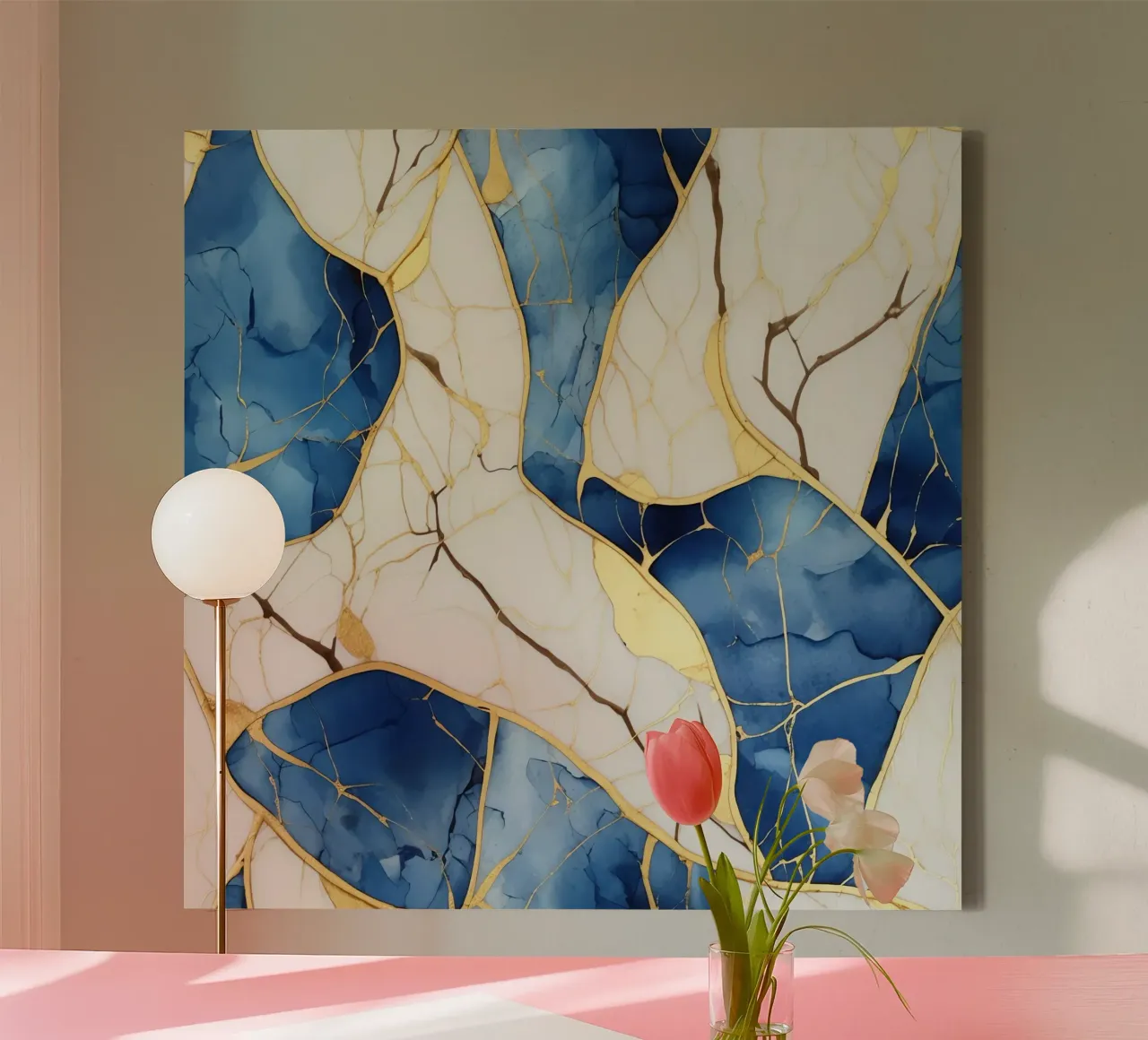 Art Kintsugi Blanc Bleu et Or lienzo con Marco flotante de Théïa's Fantasia World