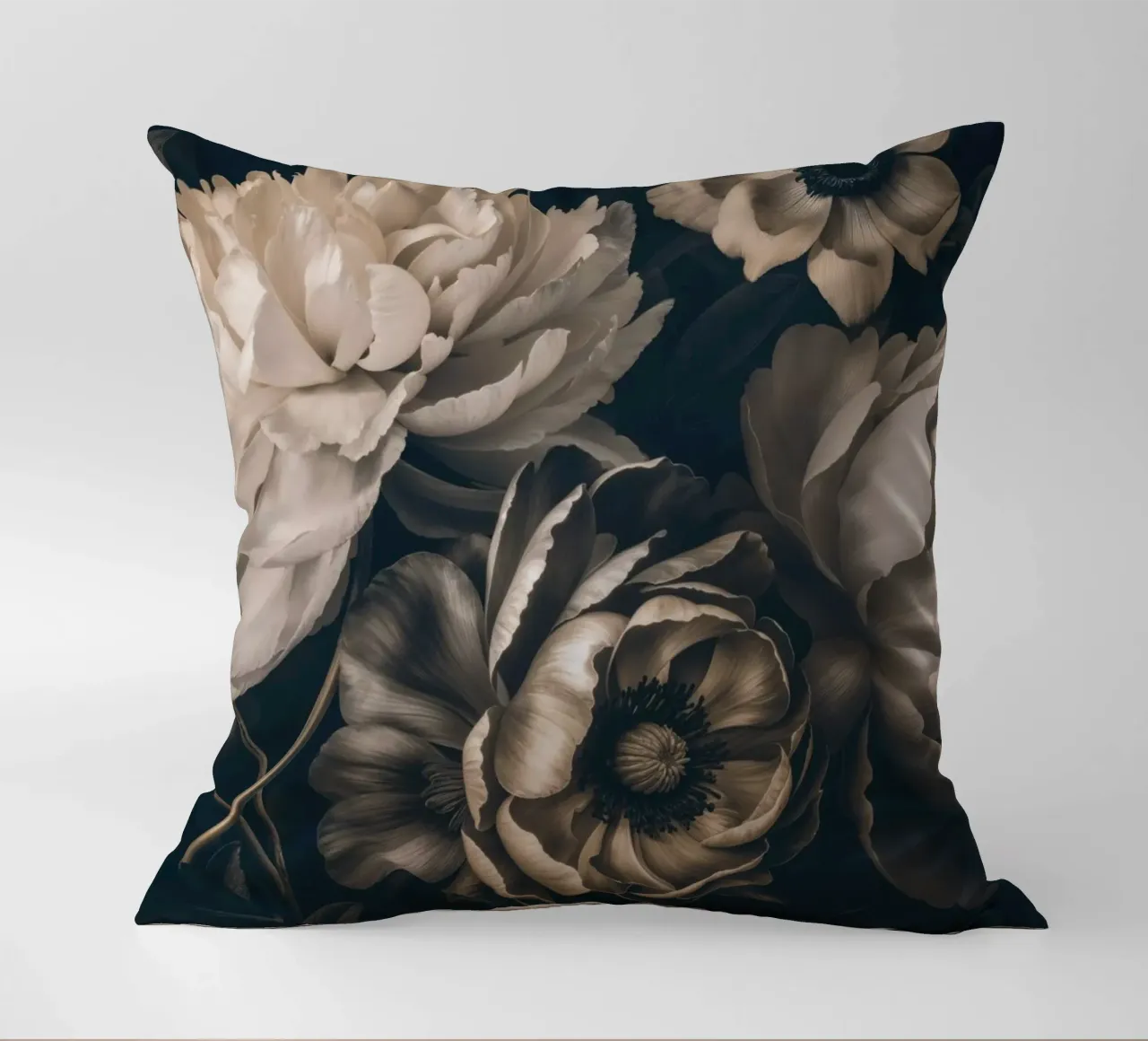 Dark Moody Baroque Floral Symphony Ivory Brown decorative cushion by Andrea Haase Vintage World