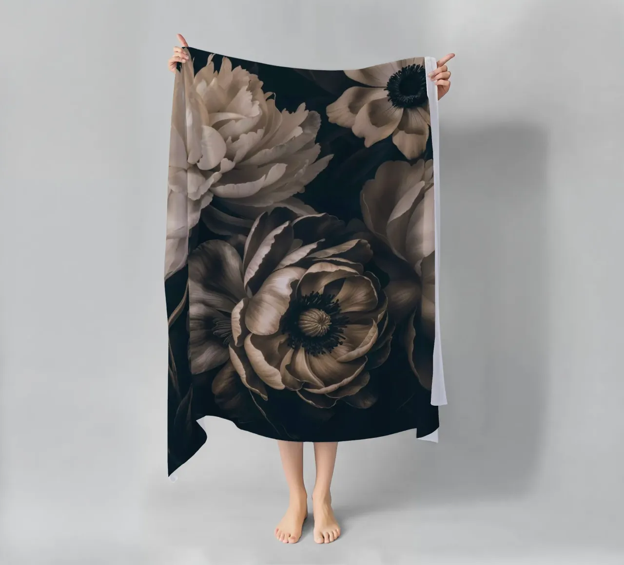 Dark Moody Baroque Floral Symphony Ivory Brown beach towel by Andrea Haase Vintage World